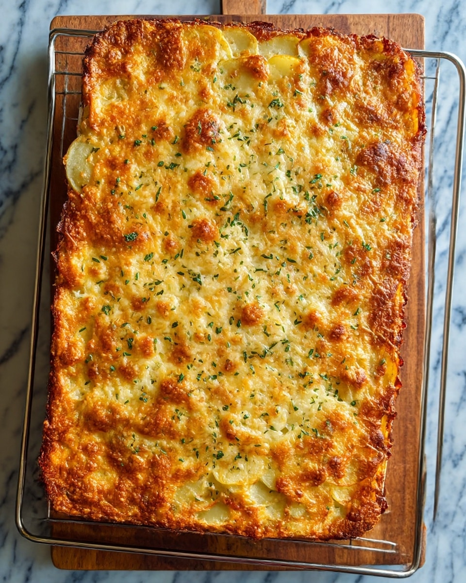 A large rectangular baked dish with a thick golden-brown crust made of melted cheese covering the top, showing small bubbles and darker toasted spots, sprinkled evenly with finely chopped green herbs. The edges are slightly crispy where the cheese has browned more, and beneath the cheese layer, hints of thinly sliced, light yellow potato slices can be seen in layers. The dish is set on a white marbled surface with part of a metal cooling rack and a wooden cutting board underneath. photo taken with an iphone --ar 4:5 --v 7