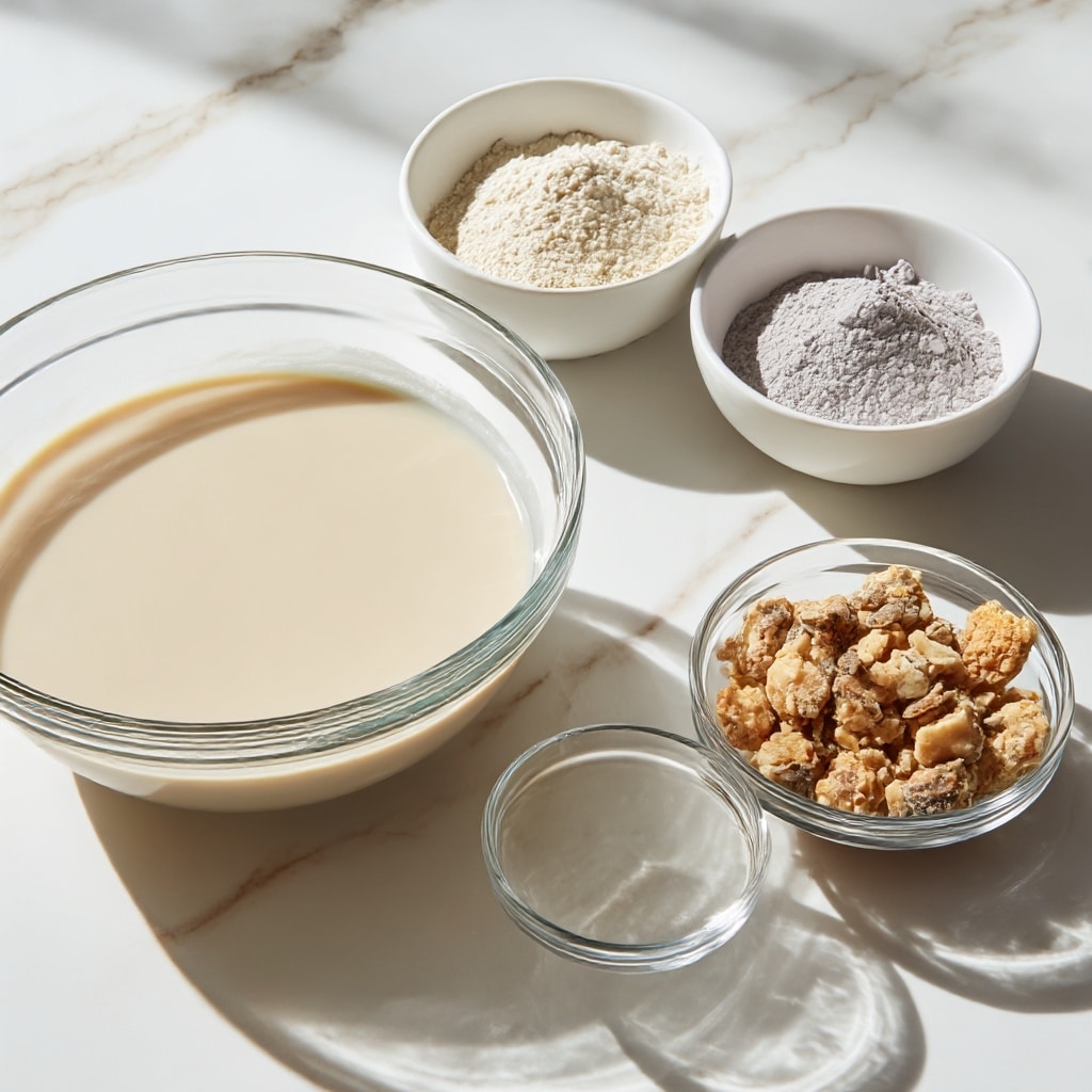 A large clear glass bowl filled with a smooth, light beige liquid sits on the left side against a white marbled surface. To the right, there are three white bowls lined up vertically; the top bowl holds a fine white powder, the middle one holds a light purple-gray powder, and the bottom one is empty. Next to these, on the far right, is a small clear glass bowl filled with chunky, light brown and dark brown crunchy pieces. The scene is bright with natural light. photo taken with an iphone --ar 4:5 --v 7