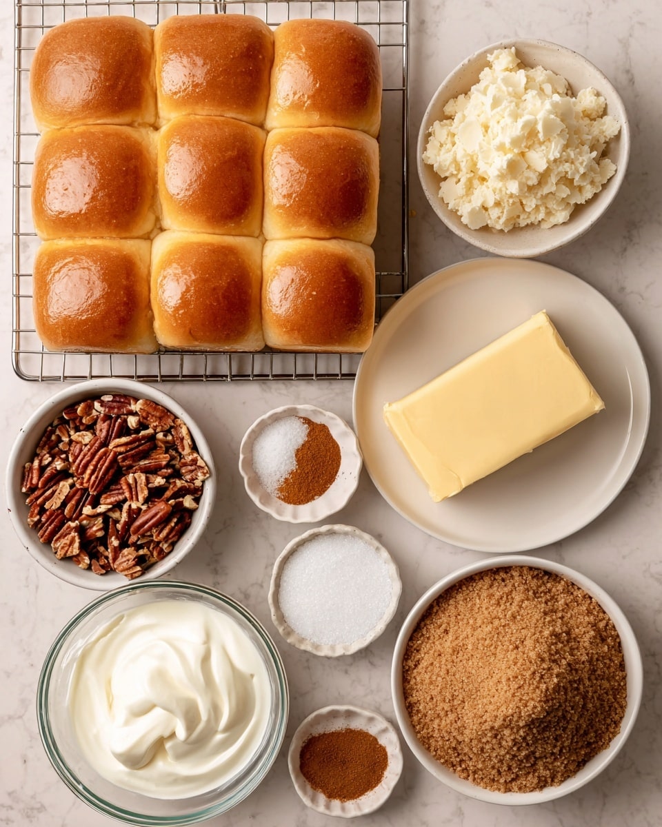 The image shows a flat white marbled surface with a white wire rack holding a block of golden-brown Hawaiian rolls arranged in a 3 by 4 grid on the left side. To the right, there is a small round white bowl filled with chopped pecans, appearing medium to dark brown with a rough texture. Below the pecans, a white plate holds a rectangular slab of pale yellow butter with smooth edges. In the middle bottom, a small glass bowl contains thick, white heavy cream, shiny and smooth. To the left of the cream, a small white bowl has ground cinnamon, a fine reddish-brown powder. Next to the cinnamon, an even smaller white bowl is filled with white salt grains. On the far right, a larger white bowl is packed with light brown, moist-looking brown sugar with a crumbly texture. Photo taken with an iphone --ar 4:5 --v 7