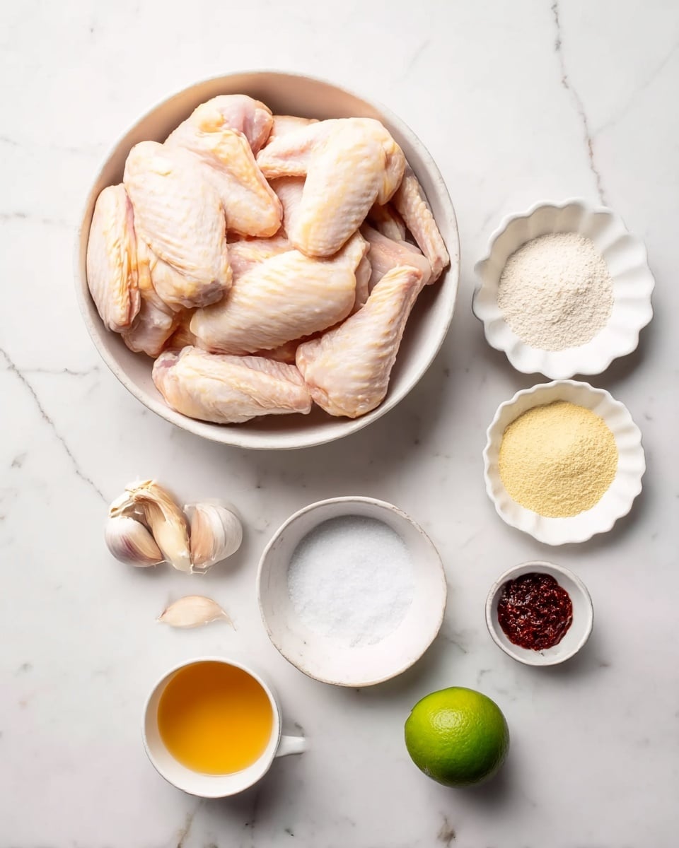 The image shows a top-down view of several ingredients arranged neatly on a white marbled surface. At the top left, there is a large white bowl full of raw chicken wings with pale pink and light yellow skin. To the right of the bowl, there is a white scalloped dish holding two powders, one white and one light yellow. Below this, there is a small round white bowl of salt, a whole green lime, and a white cup with a light orange liquid. Towards the bottom left, there is a small white bowl with two garlic cloves next to another white bowl with a dark red paste. All items are placed cleanly with clear space between them. photo taken with an iphone --ar 4:5 --v 7
