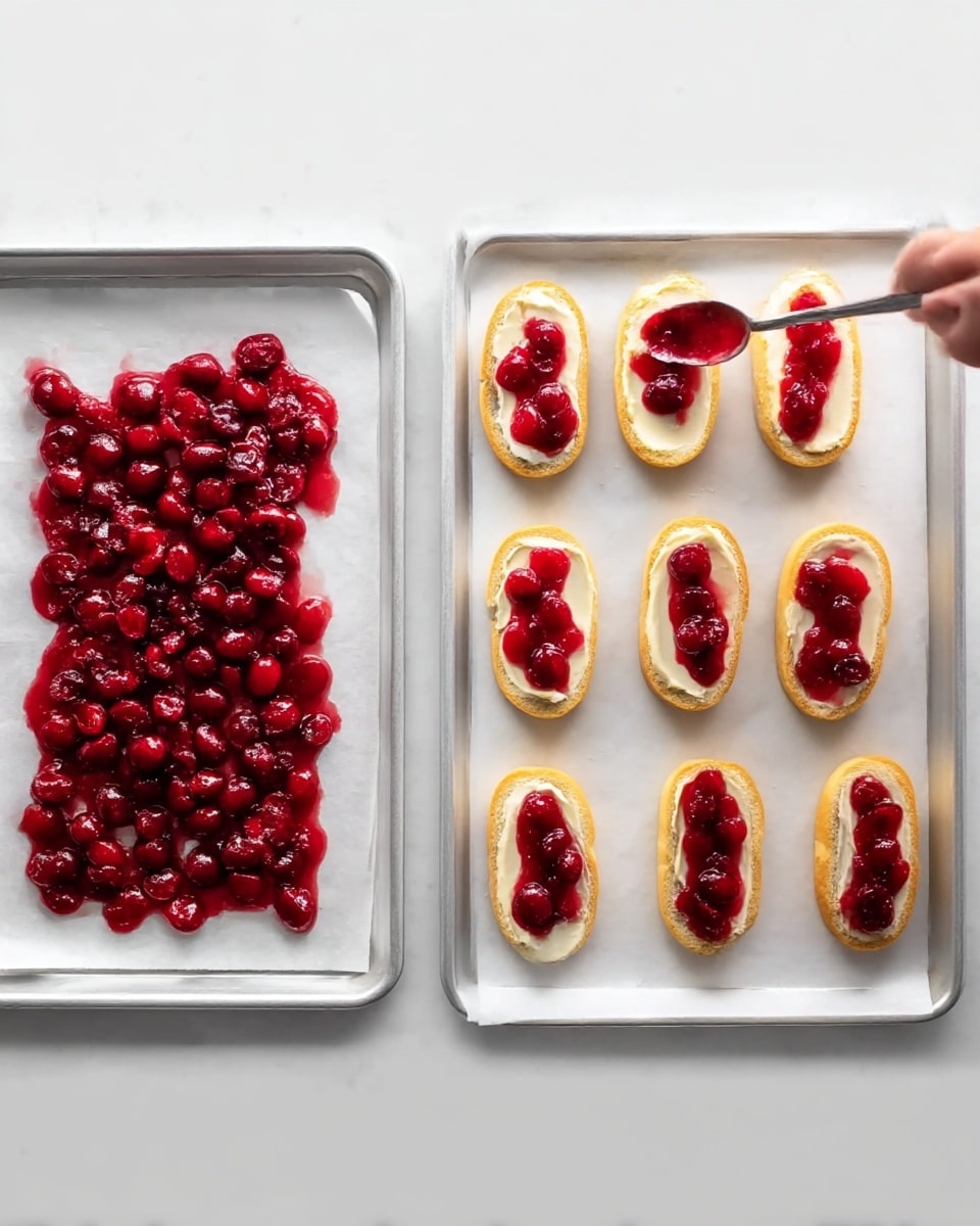 The image shows two white trays on a white marbled surface. The left tray holds a spread out layer of bright red cherry topping with whole cherries, having a glossy, slightly chunky texture on white parchment paper. The right tray has eight small white bread oval shapes arranged in two rows. The first four pieces in the top row have a creamy white layer spread on them, which looks smooth and thick. A woman's hand with a spoon is spreading the red cherry topping onto the fifth bread piece. The bottom row shows four baking pieces already topped with the bright red cherry layer. The scene is bright and clean, with soft natural light. photo taken with an iphone --ar 4:5 --v 7