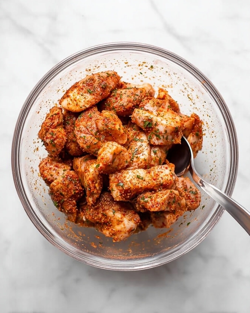 A clear glass bowl filled with many pieces of raw chicken coated in a reddish-brown spice mix with visible green herbs. The chicken pieces are uneven and stacked loosely inside the bowl. A metal spoon rests in the bowl on the right side, with its handle sticking out. The bowl sits on a white marbled surface. photo taken with an iphone --ar 4:5 --v 7