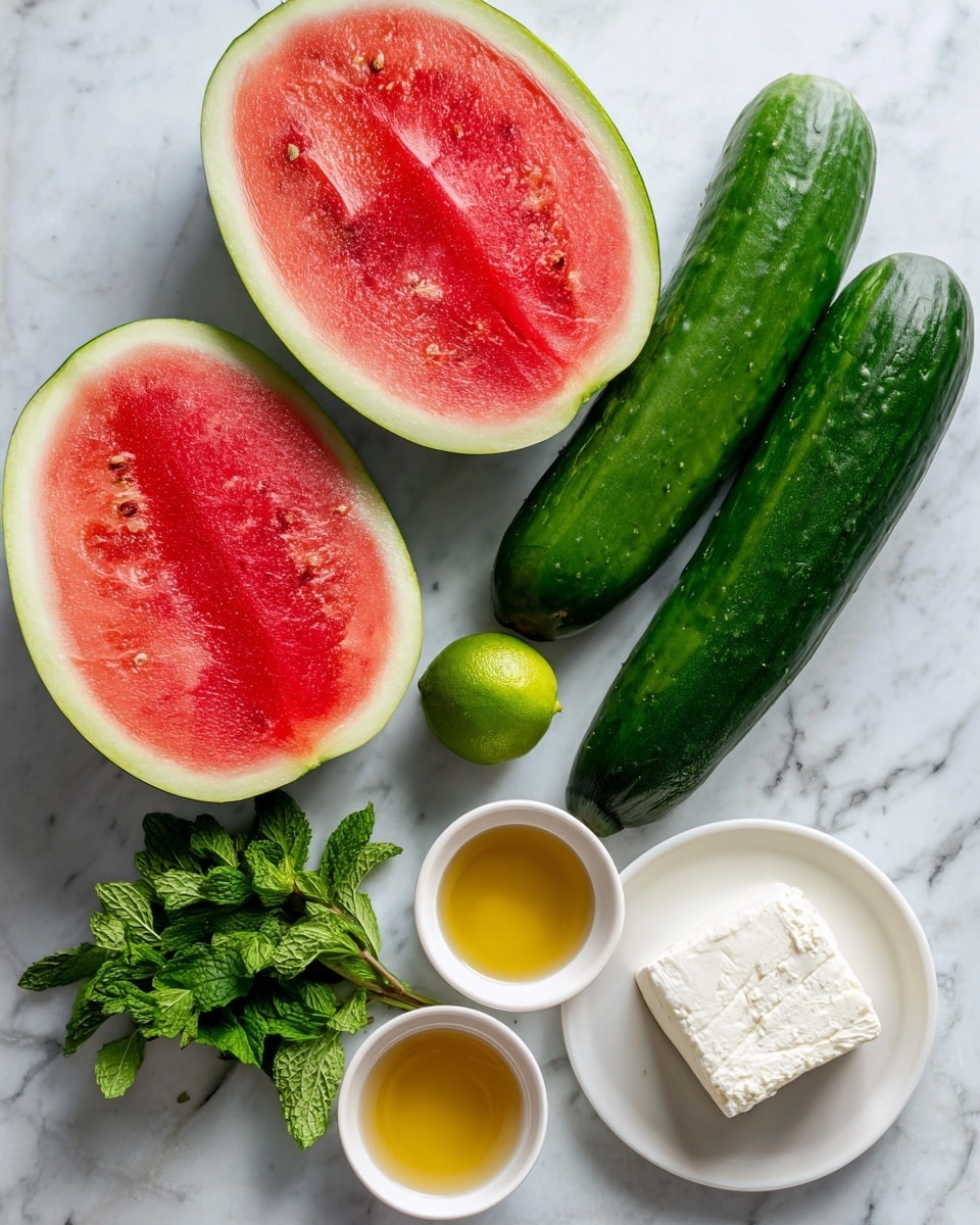 The image shows two large watermelon halves with bright red flesh and green rind on a white marbled surface at the top. Below them, two long dark green cucumbers lie side by side next to a whole lime and a bunch of fresh green mint leaves. To the right, a square block of white feta cheese sits on a white plate. Two small white bowls hold golden olive oil and light amber honey. The colors contrast well with the white marbled background, making the fresh ingredients clear and vibrant photo taken with an iphone --ar 4:5 --v 7