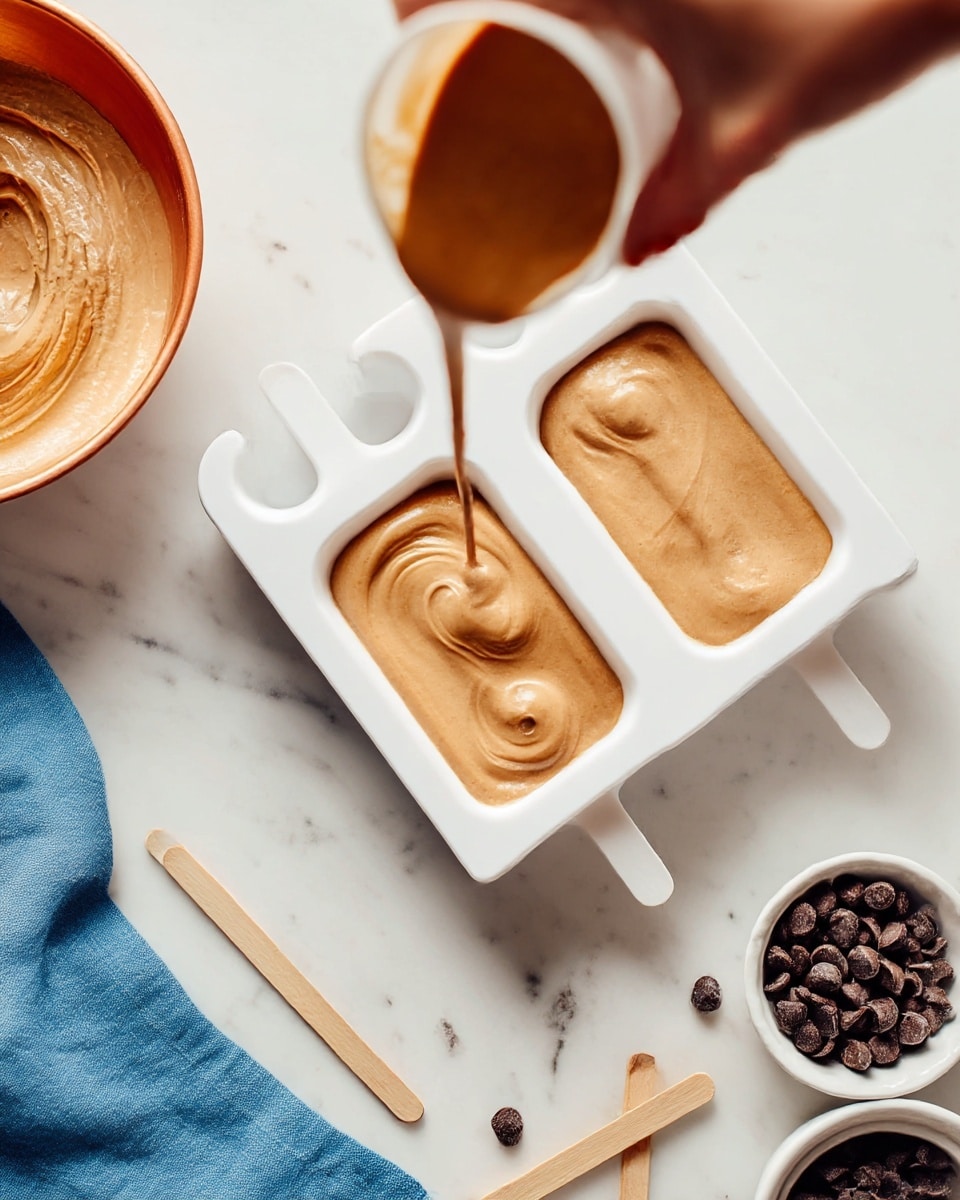 The image shows a white popsicle mold with three cavities, each filled with a smooth light brown creamy mixture. A woman's hand is pouring more of this thick light brown mixture into the middle cavity, creating small swirl patterns. Around the mold, there is a white marbled surface with chocolate chips scattered in a small white bowl at the bottom right, some loose chocolate chips near the top left, two light wooden sticks crossed near them, and a copper-colored bowl with more of the same light brown mixture on the left side. A blue cloth is slightly visible at the lower left corner. The scene is softly lit and has a clean, fresh look. photo taken with an iphone --ar 4:5 --v 7