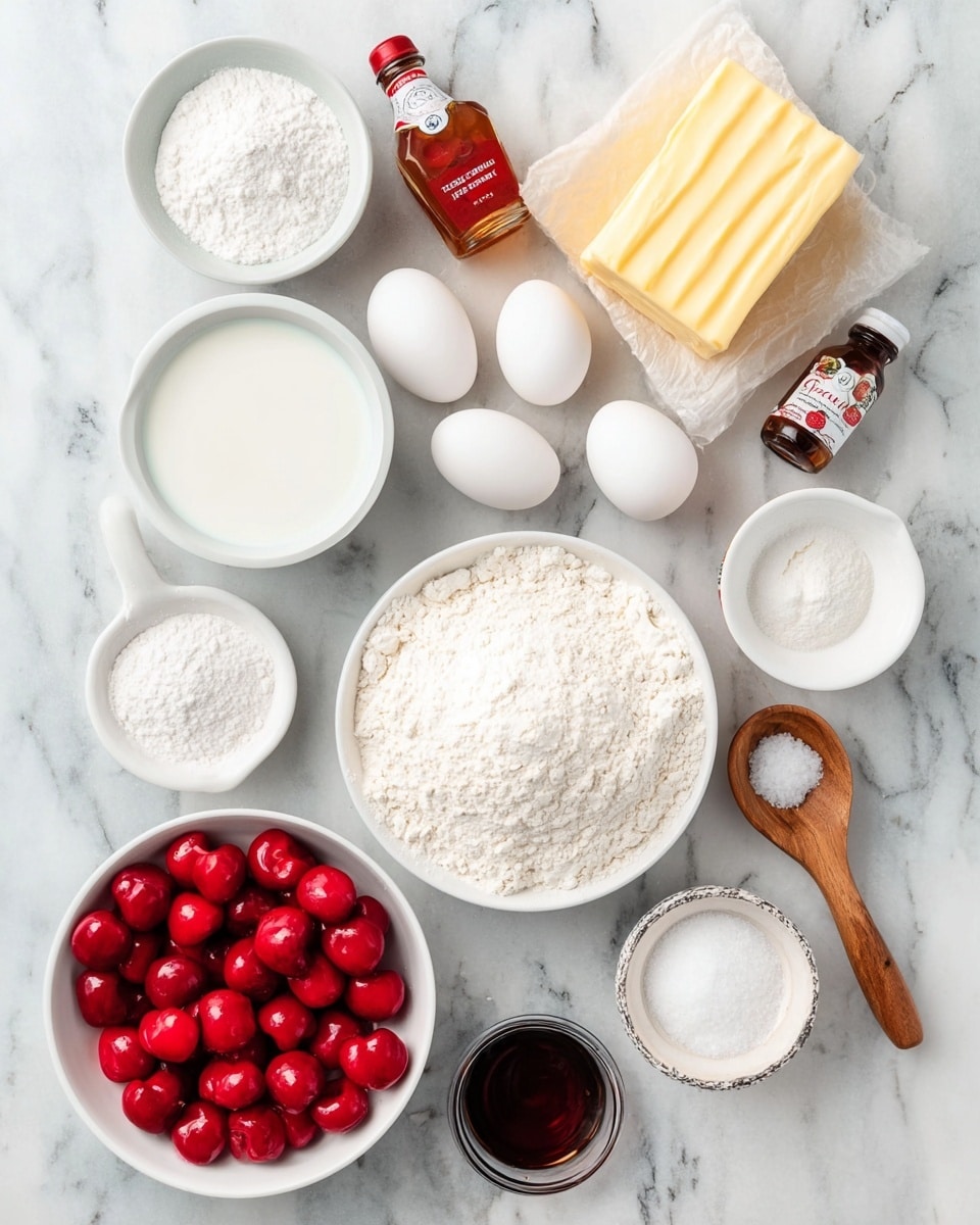 The image shows various baking ingredients arranged neatly on a white marbled surface. There is a white bowl filled with white flour in the center. Surrounding it are bowls with white powdered sugar, white granulated sugar, two whole white eggs in a white bowl, a white bowl with milk, and a small white bowl holding a white liquid with a white measuring spoon. A cluster of bright red cherries fills another white bowl. There is a block of yellow butter in paper wrapping, a small bottle of amber almond extract, a small glass vial with a dark brown liquid, and a wooden salt container with a wooden spoon resting on top, holding white salt. The colors are mostly white and red with some brown and yellow accents. photo taken with an iphone --ar 4:5 --v 7