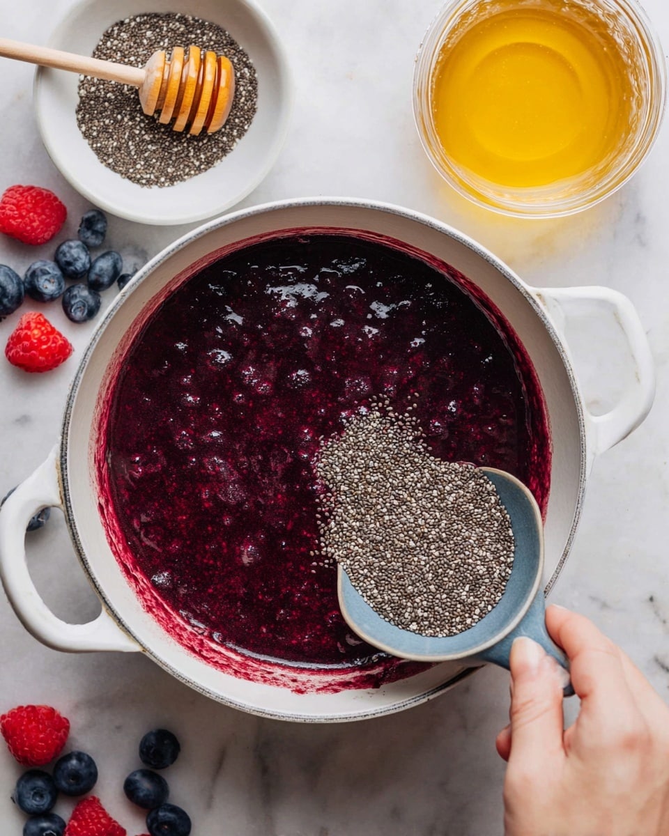 A white pot filled with a dark purple, thick mixture that looks like cooked berries, with small bubbles on the surface. In the center of the pot, a pile of tiny black and white chia seeds is being added from a small blue-grey bowl held by a woman's hand at the bottom right corner. Above the pot, there is a white bowl with honey and a wooden honey dipper resting inside it on a white marbled surface. To the right of the pot, there is a clear glass jar filled with golden honey. Scattered blueberries and raspberries sit around the pot on the white marbled surface. photo taken with an iphone --ar 4:5 --v 7
