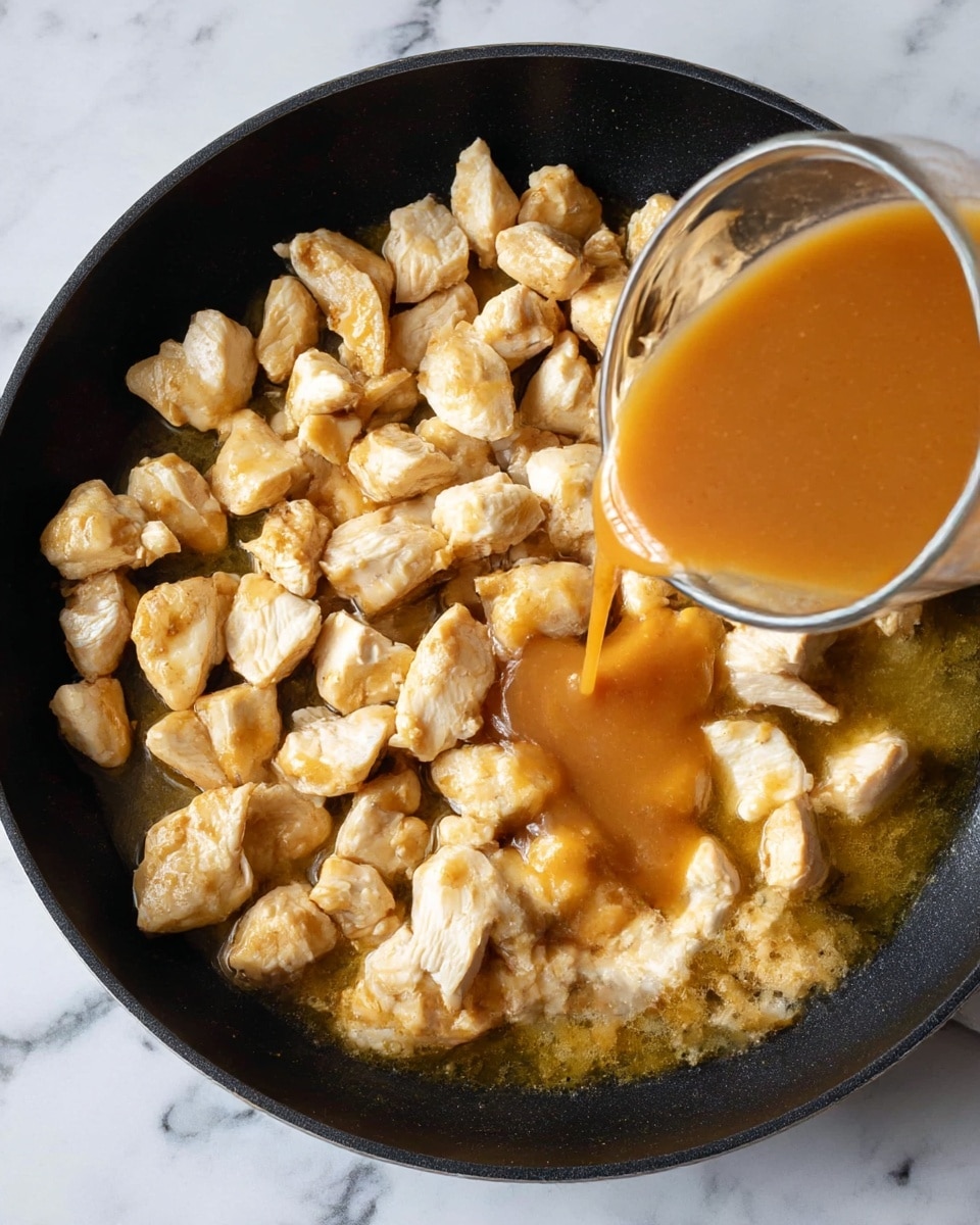 A round black pan holds many small pieces of light golden cooked chicken, arranged mainly along the edges, with a shiny buttery liquid visible at the bottom. In the lower right corner, a clear glass bowl with an orange-brown sauce is being poured over the chicken, showing the smooth texture and rich color of the sauce spreading over the meat. The pan sits on a white marbled surface. Photo taken with an iphone --ar 4:5 --v 7