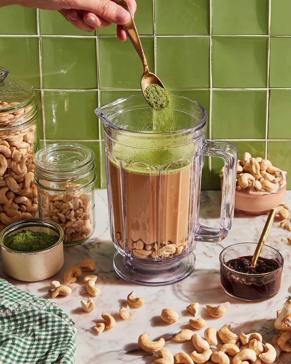 A clear blender jar filled with light brown liquid sits in the center with whole cashews floating at the bottom. Above it, a woman's hand holding a small brass spoon is sprinkling bright green powder into the liquid. Surrounding the blender on a white marbled surface are glass jars with cashews and green powder, a small beige bowl with dark brown paste, a small jar with dark liquid, and scattered cashew nuts. A green and white checkered cloth lies beside the items, and the background consists of green square tiles with white grout lines. Photo taken with an iphone --ar 4:5 --v 7