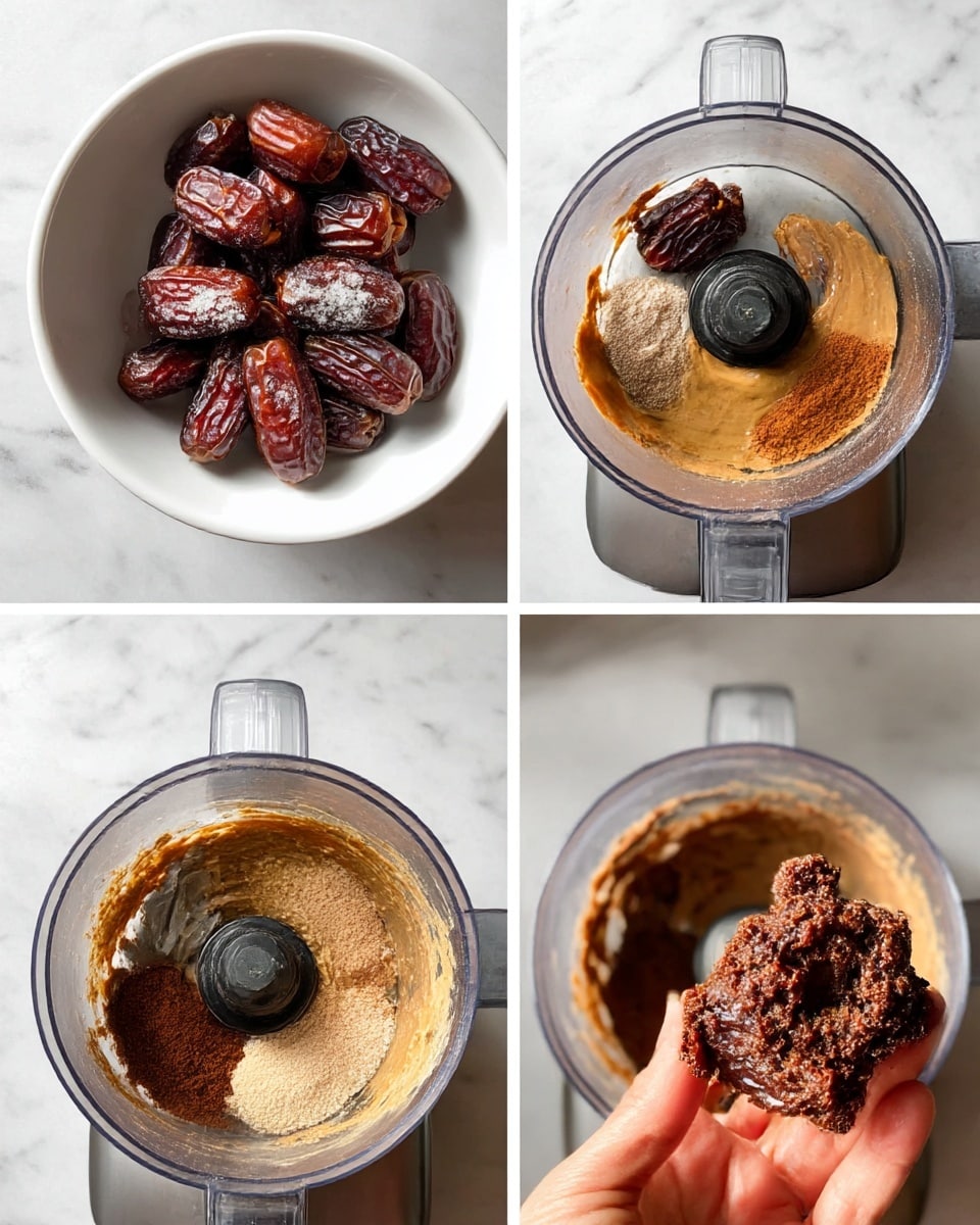 A set of four images showing the step-by-step process of making a dark brown chocolate dough. First image: a white bowl filled with whole dried dates, soft and shiny with a bit of white powder on them, placed on a white marbled surface. Second image: a food processor containing whole dried dates on one side and a smooth layer of light brown peanut butter on the other side, inside the silver bowl of the processor on the white marbled surface. Third image: the same processor bowl now showing a mixture of blended dates and peanut butter forming a sticky brown paste, with two piles of powder on one side, one pale beige and one dark brown, beside the paste. Fourth image: a woman's hand holding a small clump of dark brown, crumbly yet slightly sticky dough above the rest of the dough inside the same food processor on the white marbled surface. Photo taken with an iphone --ar 4:5 --v 7