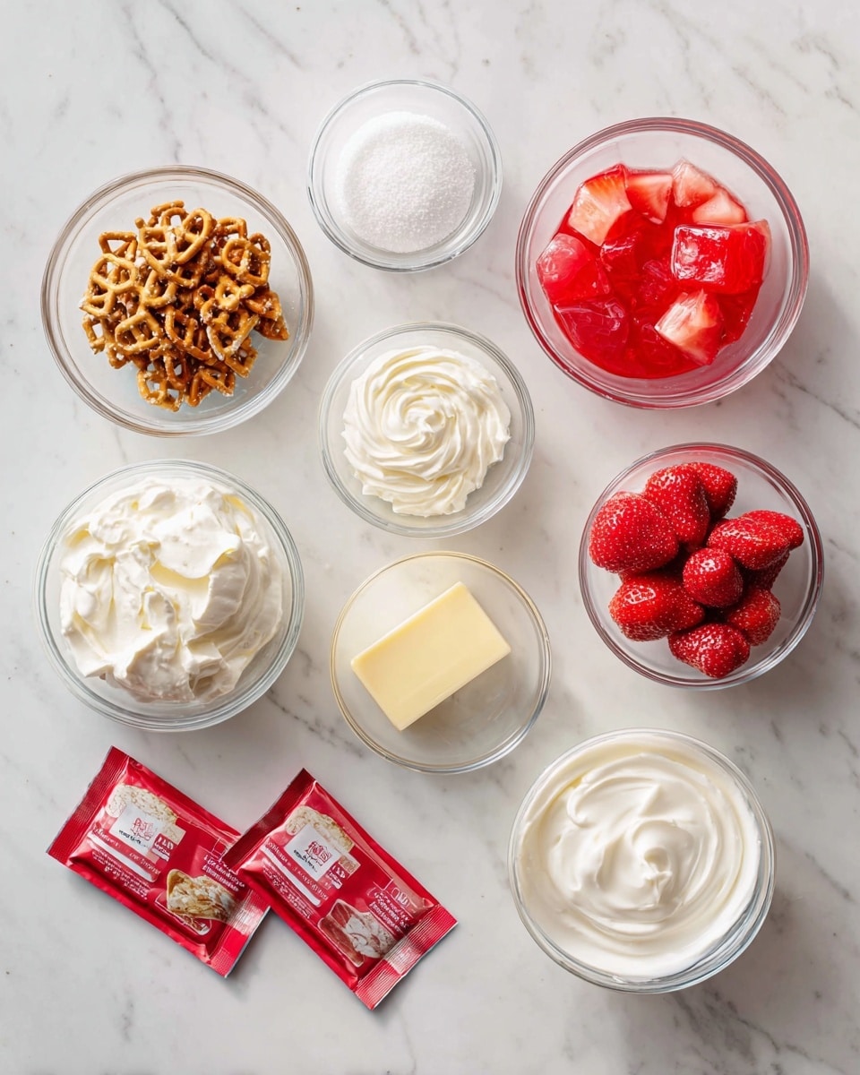 A white marbled surface holds nine clear glass bowls and two red Jello packets neatly arranged. The bowls contain different ingredients: one with golden brown chopped pretzels, one with full fresh whipped cream swirls, one with white cream cheese, one with red frozen strawberries, one with white sugar, one with a creamy white mixture, one with a pale yellow butter chunk, and one with clear water. The elements are evenly spaced and all bowls are round and simple, highlighting the fresh and varied textures and colors of the ingredients. Photo taken with an iphone --ar 4:5 --v 7