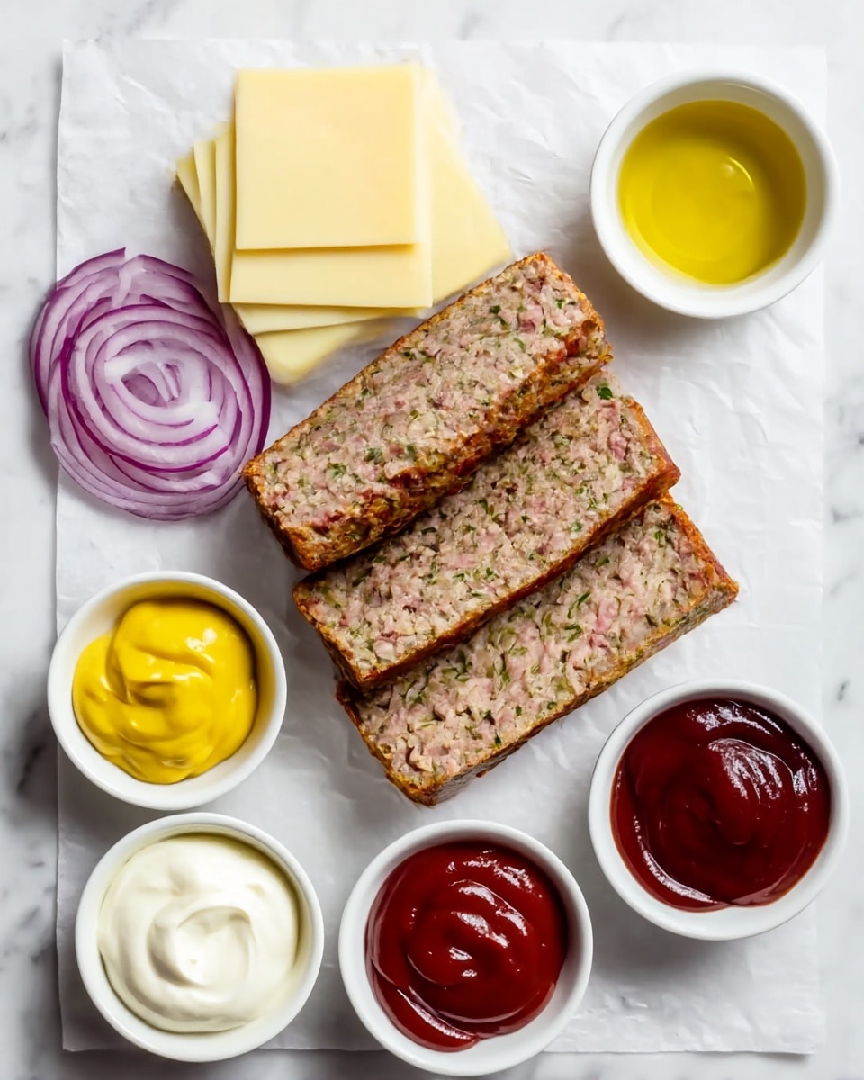 The image shows two thick rectangular slices of a cooked minced meatloaf with visible green herbs inside. On top of the meatloaf slices, there are two layers of pale yellow cheese slices stacked. To the left, there are thin, curly slices of purple onion placed next to a small white bowl filled with bright yellow mustard. Below the mustard, there is another white bowl with smooth white mayonnaise, and to the right of the mayonnaise, a white bowl filled with dark red ketchup with a slightly shiny surface. Above the onions, there is a small white bowl containing golden yellow olive oil with a glossy texture. All items are arranged neatly on white parchment paper laid on a white marbled surface. photo taken with an iphone --ar 4:5 --v 7