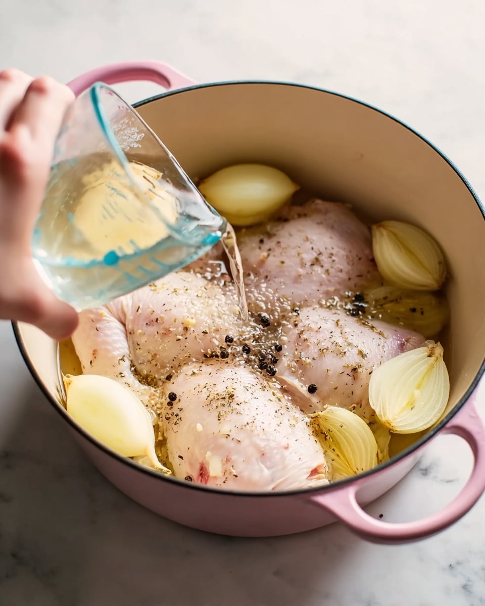 In a white pot with pink handles, three pale raw pieces of chicken lay flat on the bottom, sprinkled with whole black peppercorns. Around the chicken, there are three large onion halves with a light golden sear on their cut sides, positioned near the edges of the pot. A clear liquid is being poured from a small clear glass measuring cup held by a woman's hand into the pot, creating a small splash over the chicken and onions. The pot sits on a white marbled surface under soft natural light, giving a fresh and clean look photo taken with an iphone --ar 4:5 --v 7