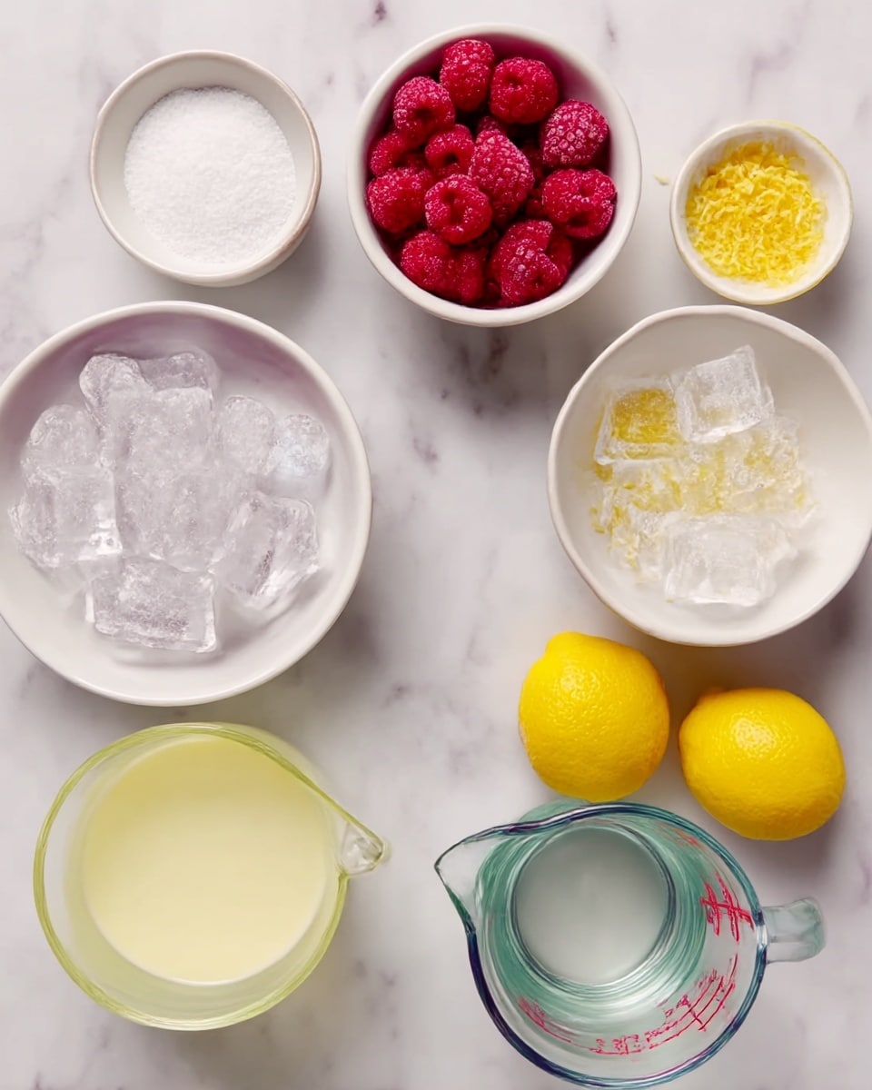 The image shows a white marbled surface with several small white bowls filled with different ingredients arranged neatly. One bowl contains bright red raspberries with a rough texture, another holds clear ice cubes stacked close together. There is a bowl with fine yellow lemon zest, and next to it, two yellow lemon halves are placed on the surface. A small bowl contains white granulated sugar, and a glass measuring cup holds a pale yellow liquid. Another measuring cup filled with clear water is also on the surface. The colors are mostly soft with red, yellow, and white tones, and everything is evenly spaced. Photo taken with an iphone --ar 4:5 --v 7
