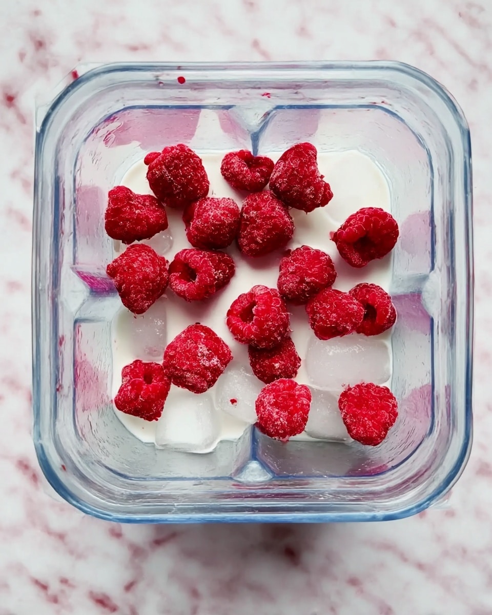 A clear blender container viewed from above shows a mix of bright red raspberries spread evenly on top of white liquid and ice cubes at the bottom. The raspberries are whole and fresh, with their textured surface visible. The white liquid looks creamy and contrasts with the translucent ice cubes beneath it. The background has a white marbled texture. photo taken with an iphone --ar 4:5 --v 7