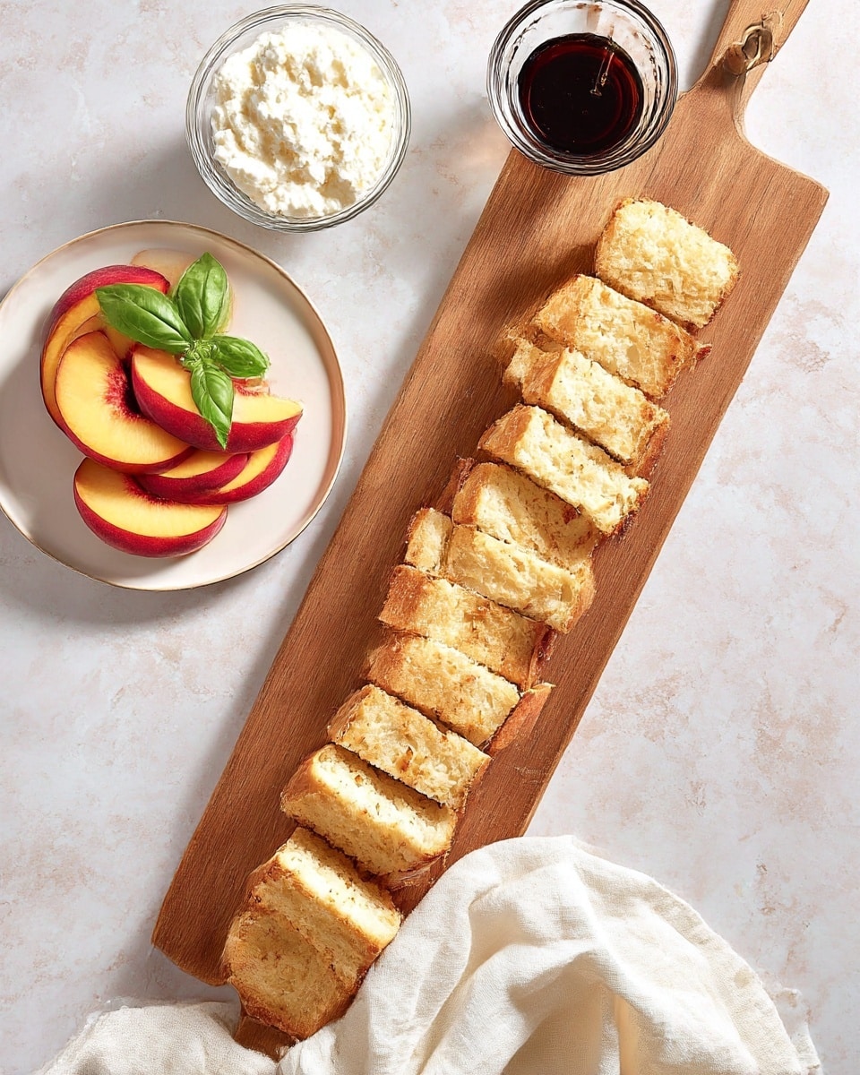 A long wooden cutting board holds a row of evenly sliced golden toasted bread pieces with a crunchy crust and soft inside, positioned diagonally on a white marbled surface. To the left, a small white plate features two neat layers of sliced red and yellow peach wedges stacked in a slight overlapping pattern, topped with a small bunch of fresh green basil leaves. Above the plate sit two small clear glass bowls, one filled with thick white creamy ricotta cheese showing a textured surface, and the other with a dark, glossy balsamic glaze. A white cloth napkin is casually draped under the bowls and reaches toward the cutting board. photo taken with an iphone --ar 4:5 --v 7
