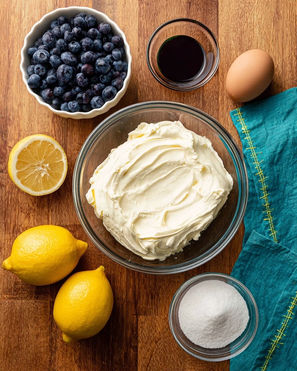 A clear glass bowl sits in the center filled with a thick block of cream cheese, smooth and white. To the top left, a white bowl holds a pile of dark blue round blueberries. Below the cream cheese bowl on the left, two bright yellow lemons rest on the wooden surface, one cut in half showing its juicy inside. Above the cream cheese on the right side, a small clear glass bowl contains a dark brown liquid labeled vanilla. To the right of the cream cheese is a brown egg, and below it a small glass bowl filled with white sugar. A folded teal cloth with green stitching lies at the top right corner. The wooden surface underneath is warm and textured. photo taken with an iphone --ar 4:5 --v 7
