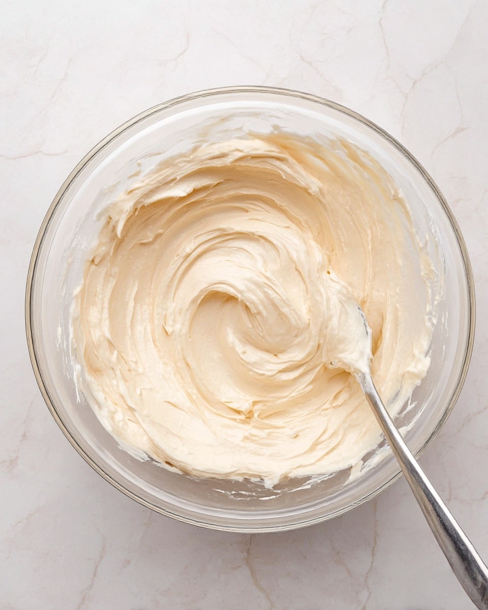 A clear glass bowl filled with a thick, creamy mixture of light beige color, swirled smoothly with texture showing soft peaks and curves. A metal spoon rests inside the bowl on the right side, partially covered with the creamy mixture. The bowl is placed on a white marbled texture surface, enhancing the light tones of the cream inside. photo taken with an iphone --ar 4:5 --v 7