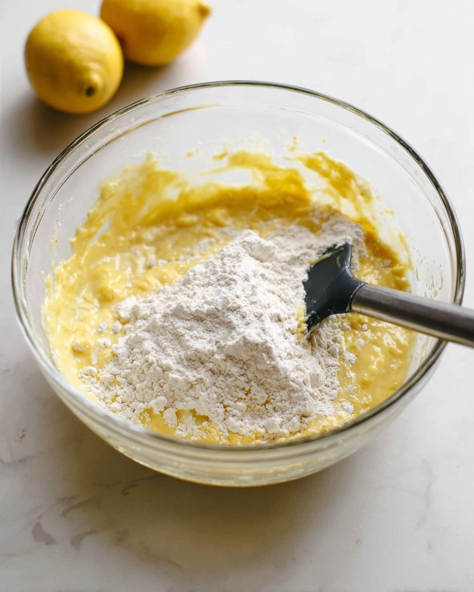 A clear glass bowl sits on a white marbled surface with a yellow batter mixture inside, layered unevenly with white flour on top, creating a contrast between the smooth yellow and powdery white. A black and silver spatula rests inside the bowl, partially covered with batter. Two whole yellow lemons are placed slightly out of focus in the background. The overall setting is bright and simple, emphasizing the mixing process. photo taken with an iphone --ar 4:5 --v 7