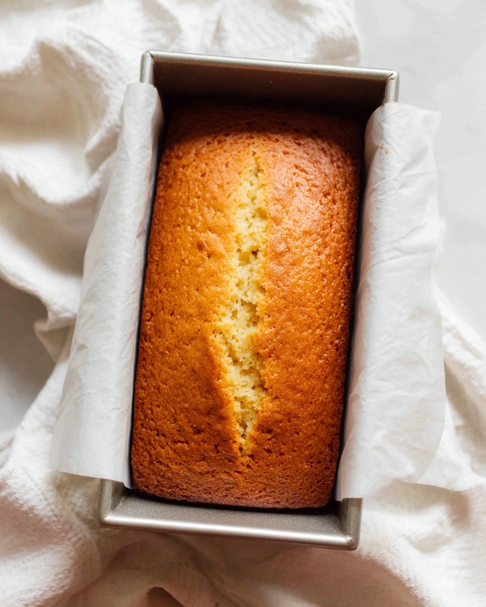 A golden brown loaf cake with a slightly cracked top texture sits in a metal loaf pan lined with white parchment paper that folds over the edges of the pan. The surface of the cake is smooth with small bumps and an uneven crack running from top to bottom. The pan rests on a white marbled surface, surrounded by soft white cloth that adds a cozy feel to the image. photo taken with an iphone --ar 4:5 --v 7