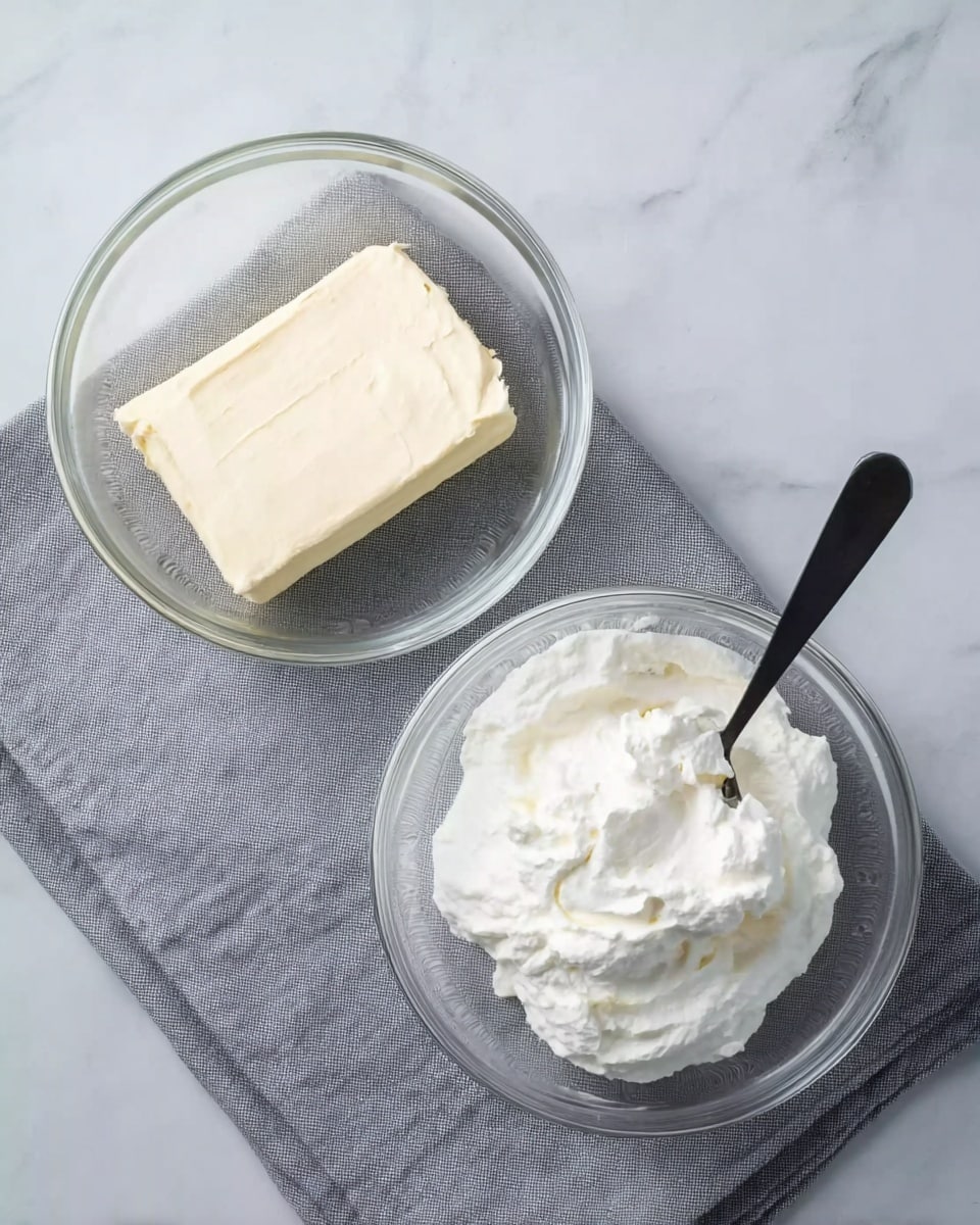 Two clear glass bowls sit side by side on a gray cloth over a white marbled surface. The bowl on the left holds a solid block of cream cheese, smooth and pale off-white in color with a firmer texture. The bowl on the right contains soft, fluffy white whipped topping with a black spoon resting in it. The bowls are simple and round, with the ingredients clearly contrasting in texture and form. Photo taken with an iphone --ar 4:5 --v 7