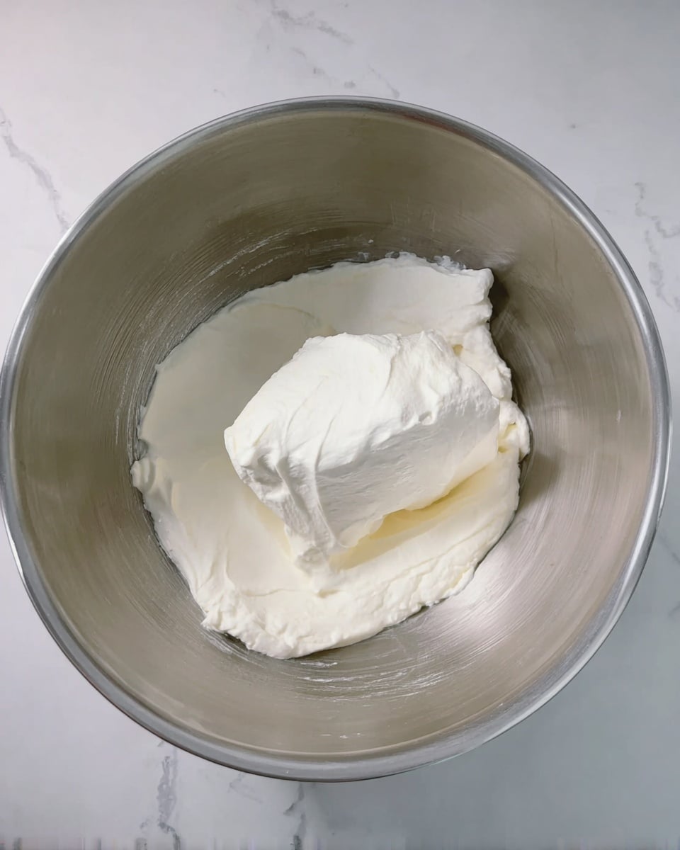 In a large shiny metal mixing bowl sitting on a white marbled surface, there is a thick layer of white cream cheese at the bottom with a smooth dollop of white sour cream resting on top slightly to one side; the textures are creamy and soft, and the bowl has a clean, brushed metal finish inside, showing some light reflections. photo taken with an iphone --ar 4:5 --v 7