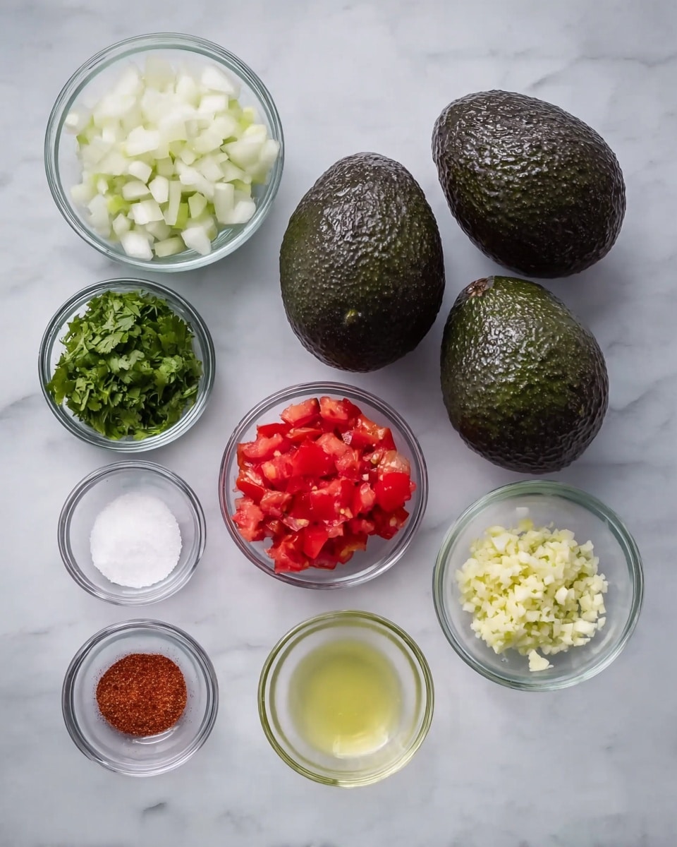 The image shows three whole dark green avocados with bumpy skins placed on a white marbled surface. Around them are seven small clear glass bowls arranged neatly. One bowl holds diced white onions, another has finely chopped bright green cilantro, one contains small red chopped tomato pieces, one has a pale yellow liquid, another is filled with a small amount of red powder, one bowl contains white granulated salt, and the last has finely chopped light yellow garlic. The ingredients are spaced evenly, showing fresh and colorful elements on the marbled white background. photo taken with an iphone --ar 4:5 --v 7