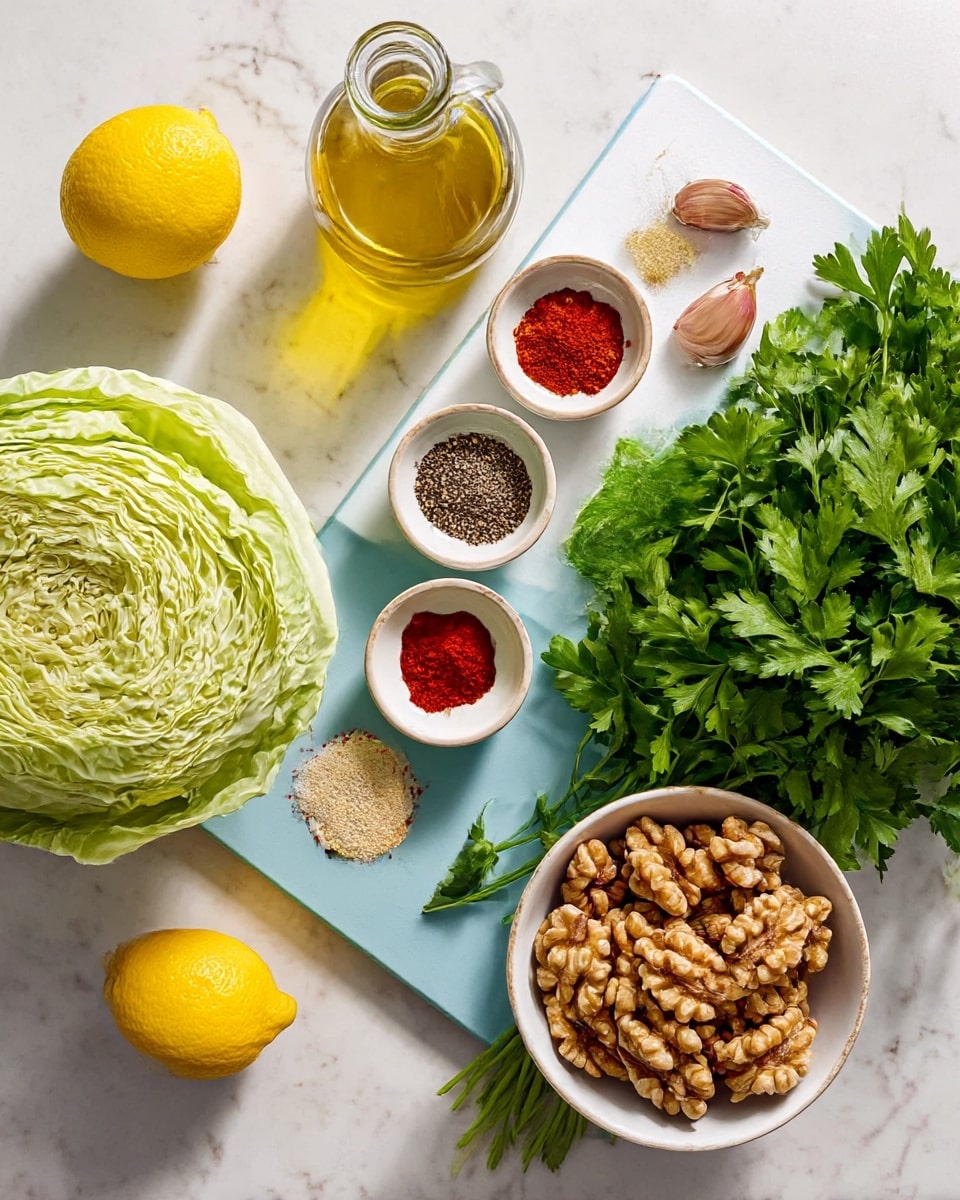 The image shows fresh cooking ingredients laid out on a white marbled surface. On the left, there is a large pale green cabbage and a bright yellow lemon close by. Toward the top left, a clear glass bottle filled with golden olive oil is visible. In the middle, a white cutting board holds six small white bowls arranged in two rows, each bowl containing different spices: coarse black pepper and salt in one divided bowl, bright red paprika, a light beige powder, a mix of red chili flakes, and another brownish spice. Near the bowls, there are two garlic cloves with light brown skin. On the right side, a large bunch of fresh vibrant green parsley occupies much of the space. At the bottom right, a white bowl filled with light brown walnuts completes the arrangement. The scene is neat and brightly lit, with soft natural shadows. photo taken with an iphone --ar 4:5 --v 7