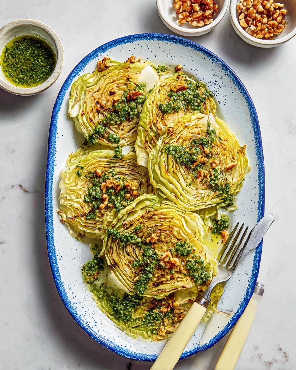 A white oval plate with a blue speckled rim holds five thick round slices of cooked green cabbage arranged side by side and slightly overlapping. Each cabbage slice shows layers of pale green to light yellow leaves with grill marks and some charred edges. Bright green herb sauce is drizzled in rough dollops over all the cabbage rounds, and small pieces of chopped walnuts are sprinkled on top. On the right edge of the plate, a fork and knife with cream handles rest. Above the plate are two small white bowls on a white marbled surface; one bowl holds a green herb sauce and the other holds broken walnut pieces. Photo taken with an iphone --ar 4:5 --v 7