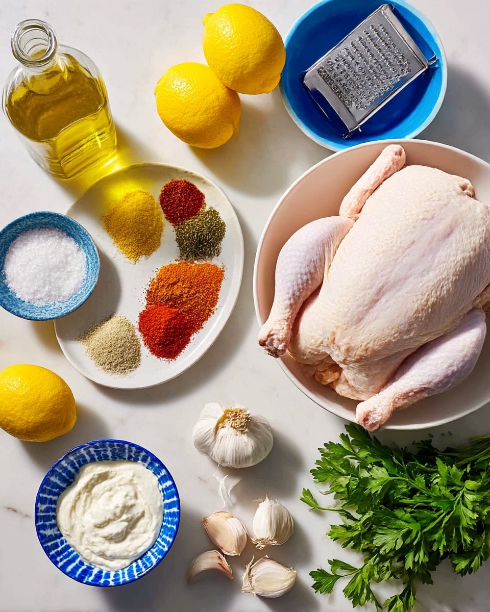 The image shows a raw whole chicken placed in a large white bowl on the right side. Around it, there are various ingredients on a white marbled surface: a small white plate with nine different colorful spices arranged in separate piles in the center-left, a small blue and white bowl filled with coarse salt on the far left, a clear glass bottle with olive oil below the salt bowl, two bright yellow lemons placed on a cheese grater above the spices, a blue and white bowl filled with a smooth white creamy mixture near the top center, several peeled garlic cloves scattered beside this bowl, and a bunch of fresh green parsley on the far right. The scene is brightly lit and neat, ready for cooking photo taken with an iphone --ar 4:5 --v 7