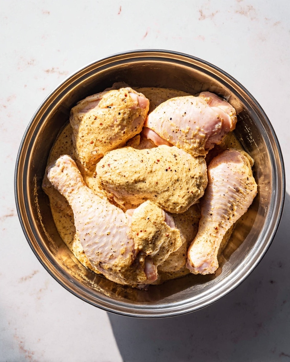 In a silver metal bowl placed on a white marbled surface, there are several raw chicken pieces including drumsticks and wings. The chicken is covered in a creamy, slightly grainy yellowish marinade with visible black and red specks of seasoning spread unevenly over the skin. The bowl is filled to the top with the marinated chicken pieces layered close together, showing a mix of light pink skin and the pale mustard-colored sauce. The lighting is bright and natural, casting soft shadows inside the bowl. photo taken with an iphone --ar 4:5 --v 7