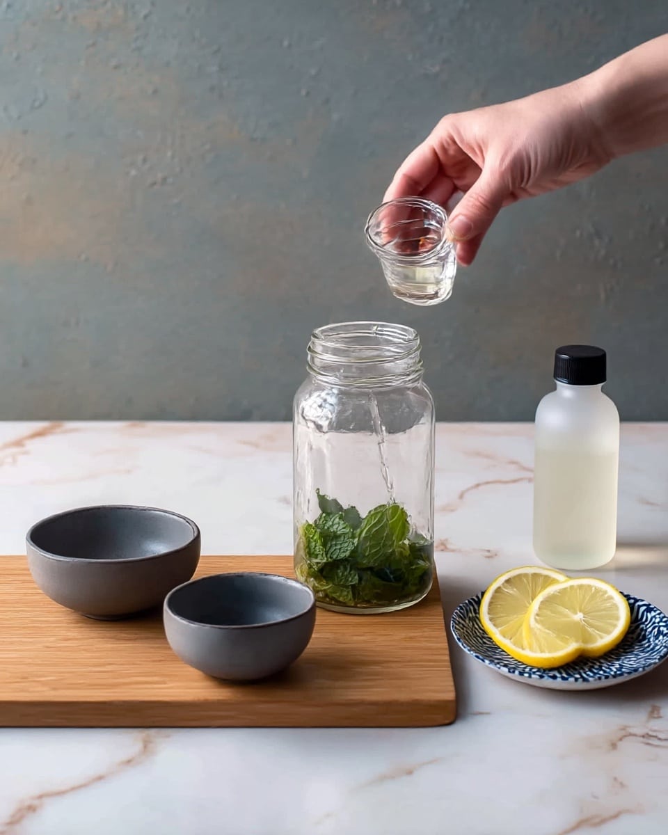A clear glass jar is shown on a wooden board with a few green mint leaves at the bottom inside it. A woman's hand is pouring a clear liquid from a small glass cup into the jar. Near the jar, there are two small grey, round bowls, one of which holds a small amount of a dark liquid. A small white plate with a blue pattern holds two lemon slices. Behind these items, a small frosted plastic bottle with a black cap stands upright. The surface beneath everything has a white marbled texture and the background is a simple textured grey wall. photo taken with an iphone --ar 4:5 --v 7