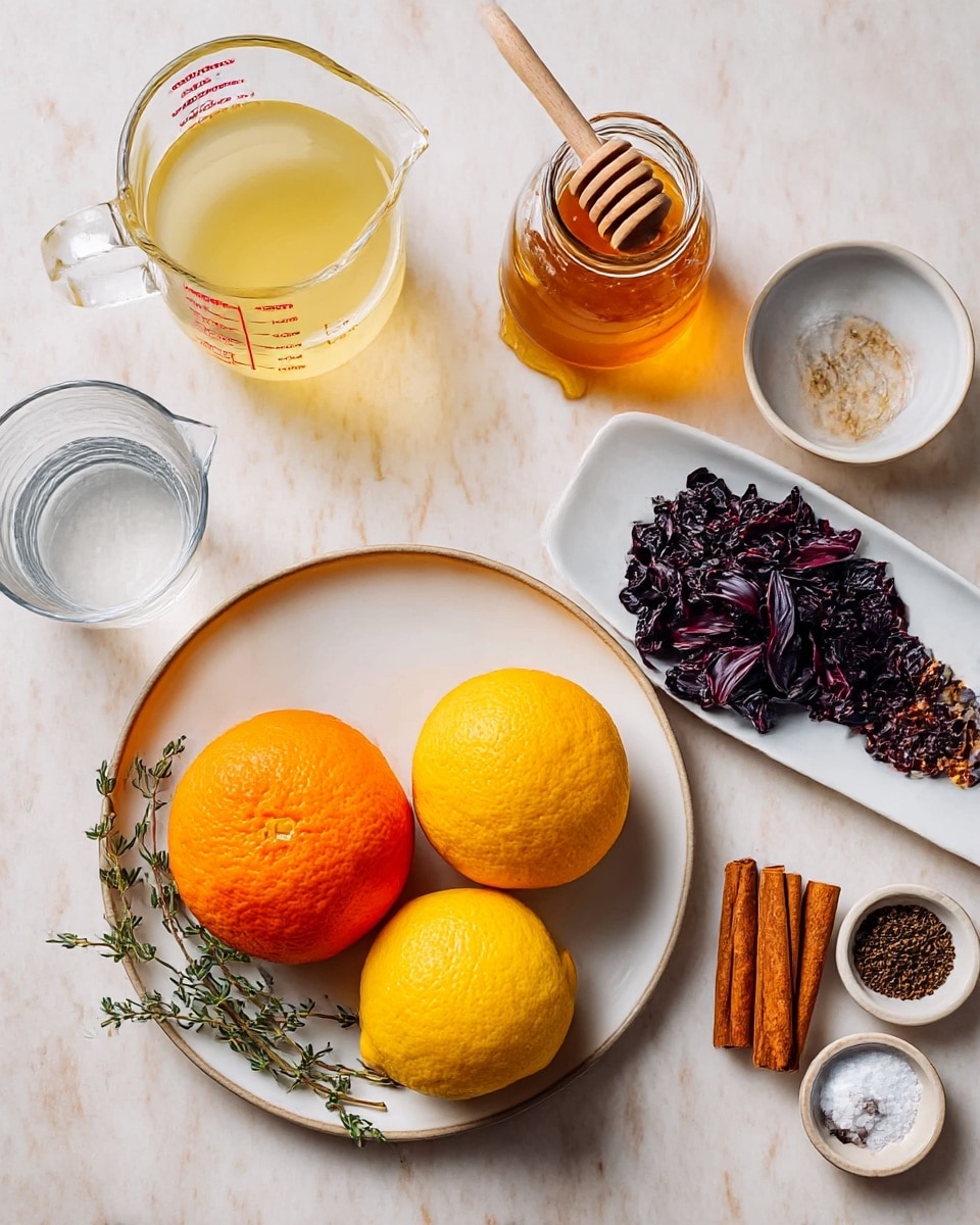 A white plate holds two bright orange oranges at the top and two yellow lemons at the bottom, with green sprigs of thyme layered to the right side. To the top left of the plate, there is a glass measuring cup filled with light yellow liquid, and next to it is a small glass jar of golden honey with a wooden honey dipper resting inside. Below the measuring cup is a clear glass of water. To the right of the oranges and lemons plate, a white bowl contains dark dried hibiscus flowers. On the far right, a white rectangular dish holds three cinnamon sticks at the bottom left, a small bowl of salt at the bottom right, and two small bowls at the top with black and brown whole spices. All this is set on a white marbled textured surface photo taken with an iphone --ar 4:5 --v 7