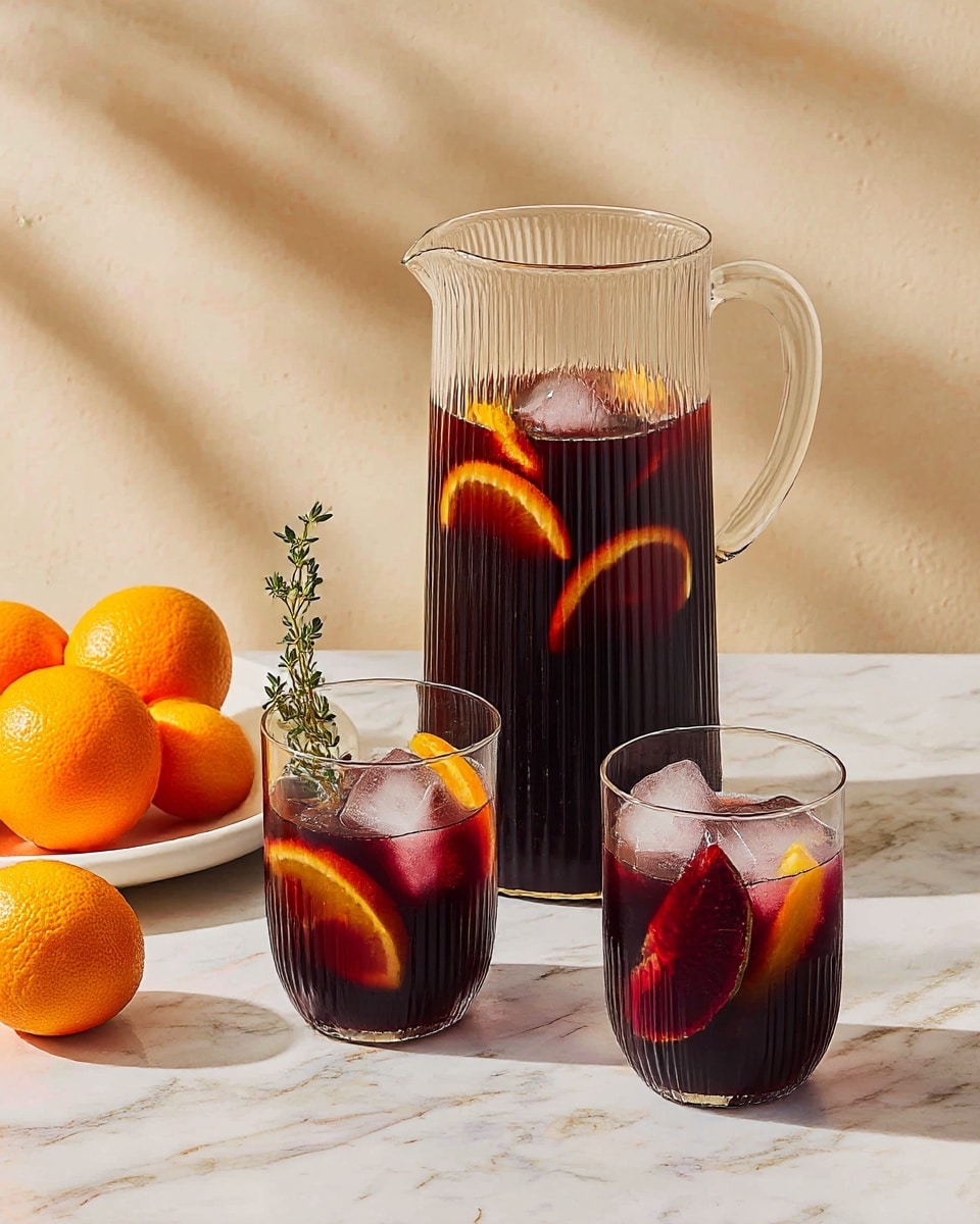A tall, ribbed clear glass pitcher filled with dark red liquid and several thin orange slices floating inside sits on a white marbled surface. In front of the pitcher are two short, round clear glasses filled with the same dark red drink, each containing large ice cubes, a large deep red fruit slice, a piece of bright orange peel, and a small green herb sprig standing up. To the left, a white plate with whole bright orange fruits is partly visible. The background is a light beige with soft shadows falling across it. photo taken with an iphone --ar 4:5 --v 7