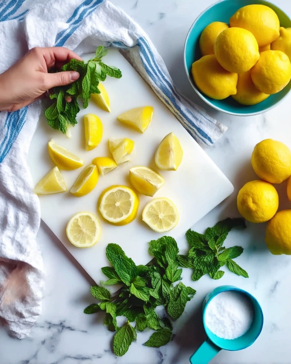 The image shows a white cutting board on a white marbled surface, with many lemon wedges arranged on the top and middle left side of the board. On the bottom right of the board, there are fresh green mint leaves spread out. To the left of the board, a woman’s hand is partially visible holding more mint leaves near a white cloth with blue stripes. On the top right of the image, there is a bowl filled with whole yellow lemons. On the bottom right, a turquoise measuring cup with white granulated sugar is placed next to the cutting board. Photo taken with an iphone --ar 4:5 --v 7