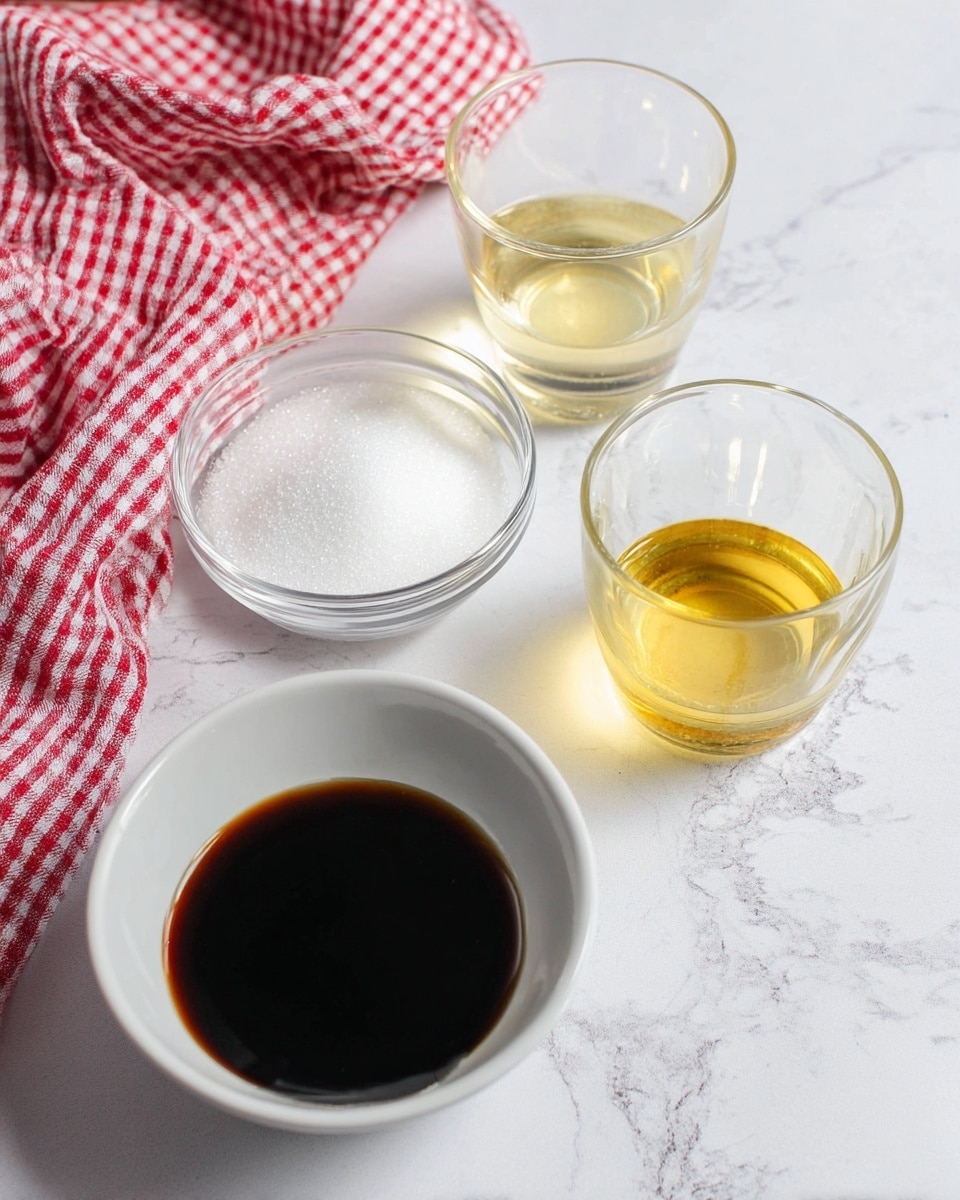 The image shows four small containers on a white marbled surface. In the front, there is one white bowl filled with a dark brown liquid. Behind the bowl, there is a small clear glass dish holding a pile of white granulated sugar. To the right of the sugar, there are two clear glass cups; the one closer to the sugar contains a light yellow liquid, and the other one has a slightly darker golden liquid. A red and white checkered cloth is casually placed on the top-left side of the scene. photo taken with an iphone --ar 4:5 --v 7