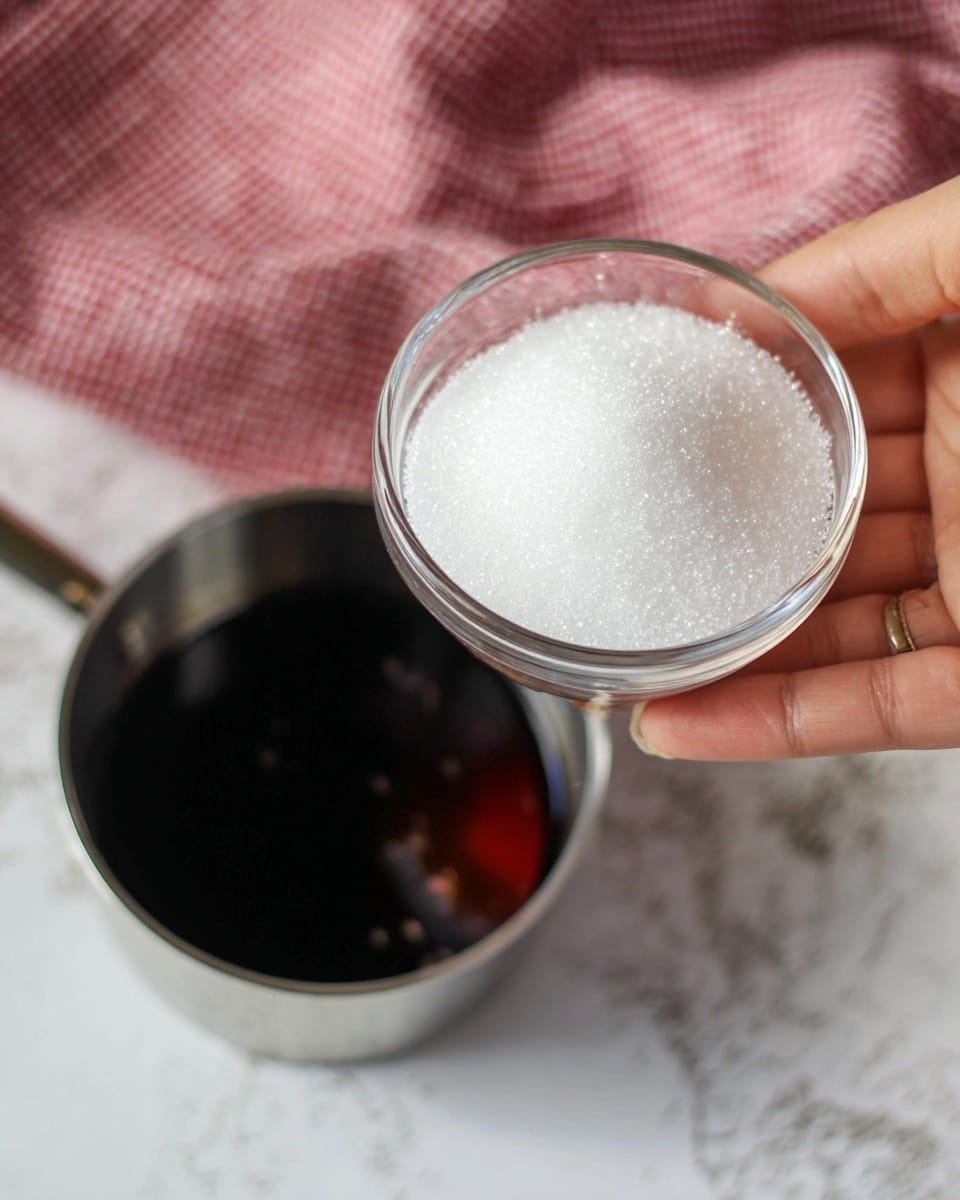 A woman's hand is holding a small clear glass bowl filled with white granulated sugar above a small silver pot containing a dark liquid. The pot is placed on a white marbled surface. The background includes a soft red and white checkered cloth slightly out of focus. The image is well-lit with natural light showing the texture of the sugar crystals clearly. photo taken with an iphone --ar 4:5 --v 7