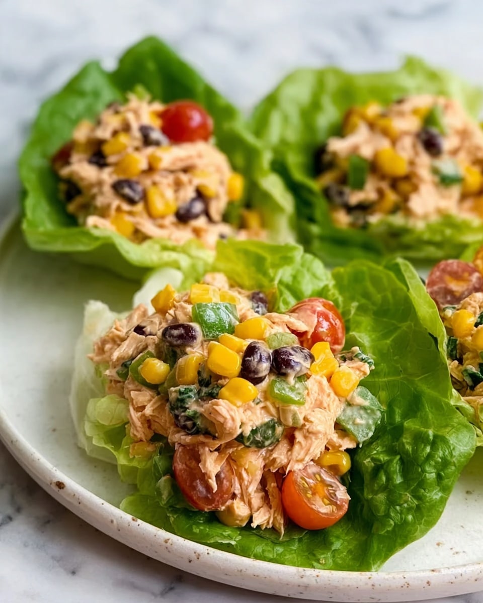 Three lettuce wraps are placed on a white plate on a white marbled surface. Each wrap has a large, bright green lettuce leaf holding a colorful filling made of shredded chicken, black beans, yellow corn kernels, chopped green bell peppers, and halved red cherry tomatoes, all mixed with a creamy, light orange dressing. The layers show the leafy lettuce base clearly supporting the chunky, mixed salad topping. Photo taken with an iphone --ar 4:5 --v 7