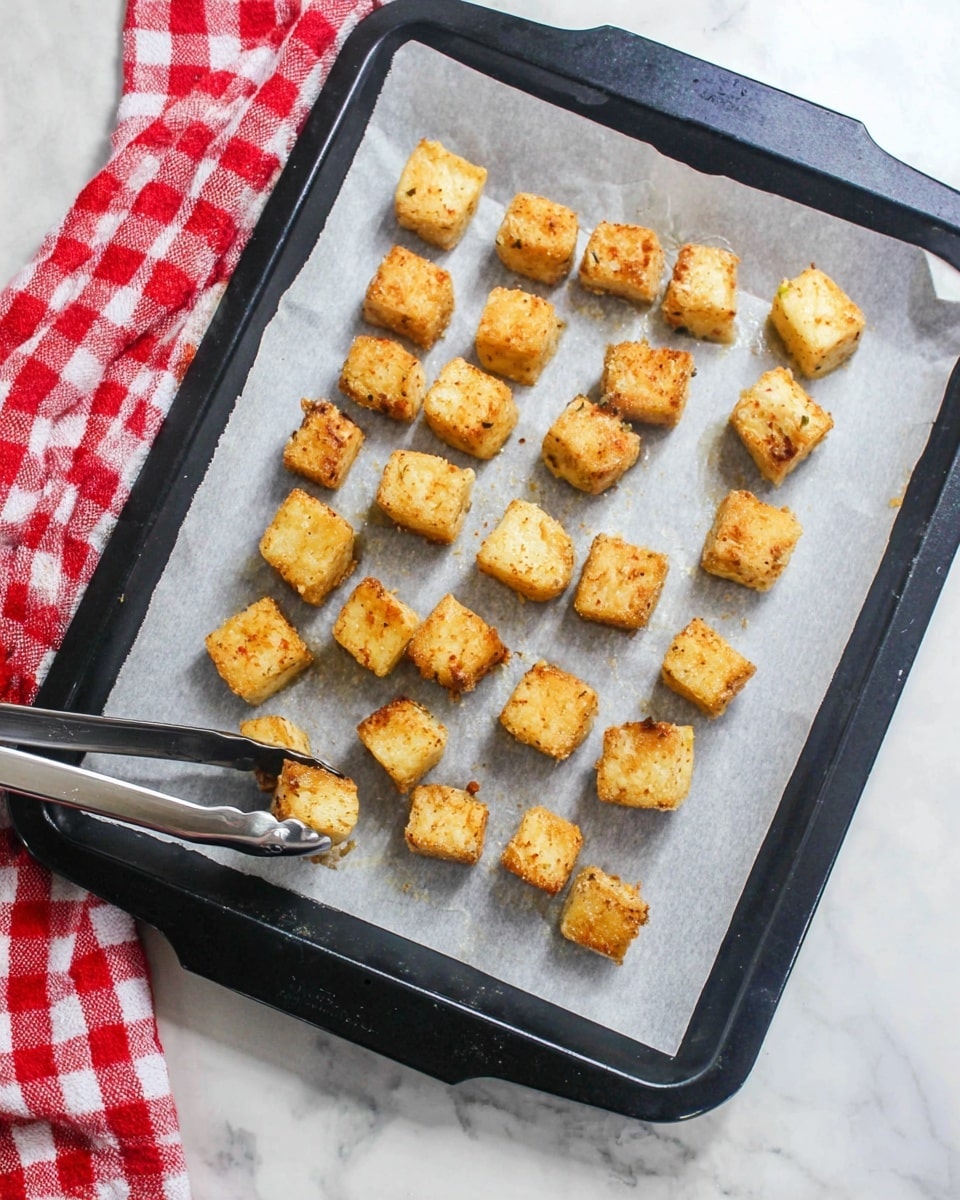 The image shows a black baking tray lined with white parchment paper, holding sixteen small, golden-brown cubes of cooked food evenly spaced in three rows. Each cube has a slightly crispy texture with some light browning and seasoning visible on the surface. A pair of silver tongs is placed near the bottom left corner of the tray, and a red and white checkered cloth is seen at the top left corner. The tray is set on a white marbled surface. photo taken with an iphone --ar 4:5 --v 7