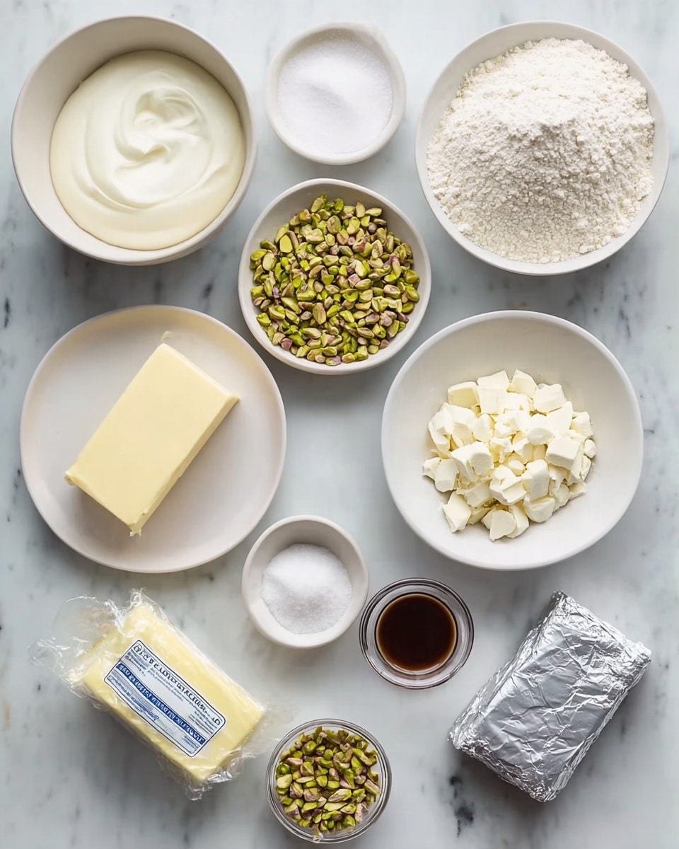The image shows several small white bowls and plates arranged on a white marbled surface, each holding different baking ingredients. From top left, there is a bowl with light cream, another with white granulated sugar, and a large bowl filled with white flour. Below these, a bowl contains chopped green pistachios, next to a small white plate holding a stick of pale yellow butter. Moving to the bottom left, a yellow wrapped block of butter sits beside a small dish of ivory-colored white chocolate chunks, a clear glass cup with white powder, a small white round dish with coarse white salt, a tiny cup filled with dark brown vanilla extract, and a small bowl with crushed pistachios. Finally, an unopened silver foil block, likely white chocolate, rests on the right side. All items are neatly spaced with clear texture and color details, photo taken with an iphone --ar 4:5 --v 7
