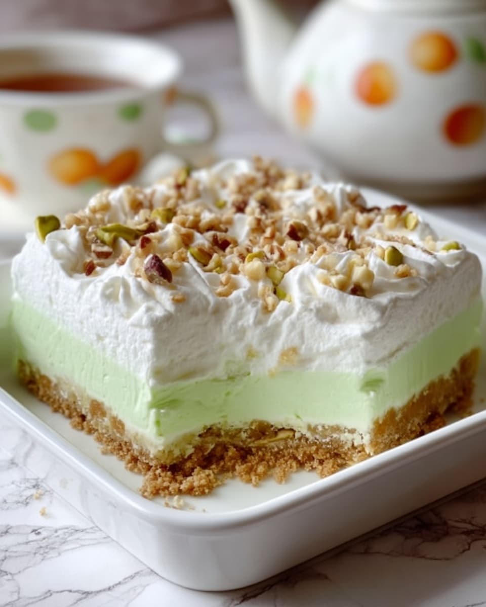A square white dish holds a three-layer dessert. The bottom layer is a light brown crust that looks crumbly and firm. Above it is a thick, smooth pale green layer. The top layer is fluffy white whipped cream, spread evenly with small pieces of nuts sprinkled across the surface. The dish sits on a white marbled surface, with a blurred white teapot and a cup with small orange fruit designs in the background. Photo taken with an iphone --ar 4:5 --v 7