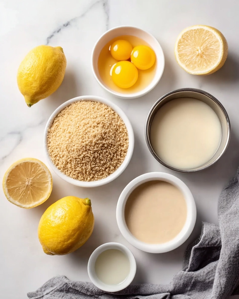 The image shows a top view of six white bowls and three lemons on a white marbled surface. In the center is a white bowl filled with light brown crumbly texture, likely crumbs. Above it, a white bowl holds three bright yellow egg yolks. To the right of the crumb bowl, a white bowl contains a smooth, light beige creamy substance. On the bottom right, there is a metal bowl filled with a light beige liquid. Below the crumb bowl, a small white bowl holds a clear liquid. Two lemons, one whole and the other cut in half, are placed on the left side. A gray cloth is partly visible on the bottom right. photo taken with an iphone --ar 4:5 --v 7