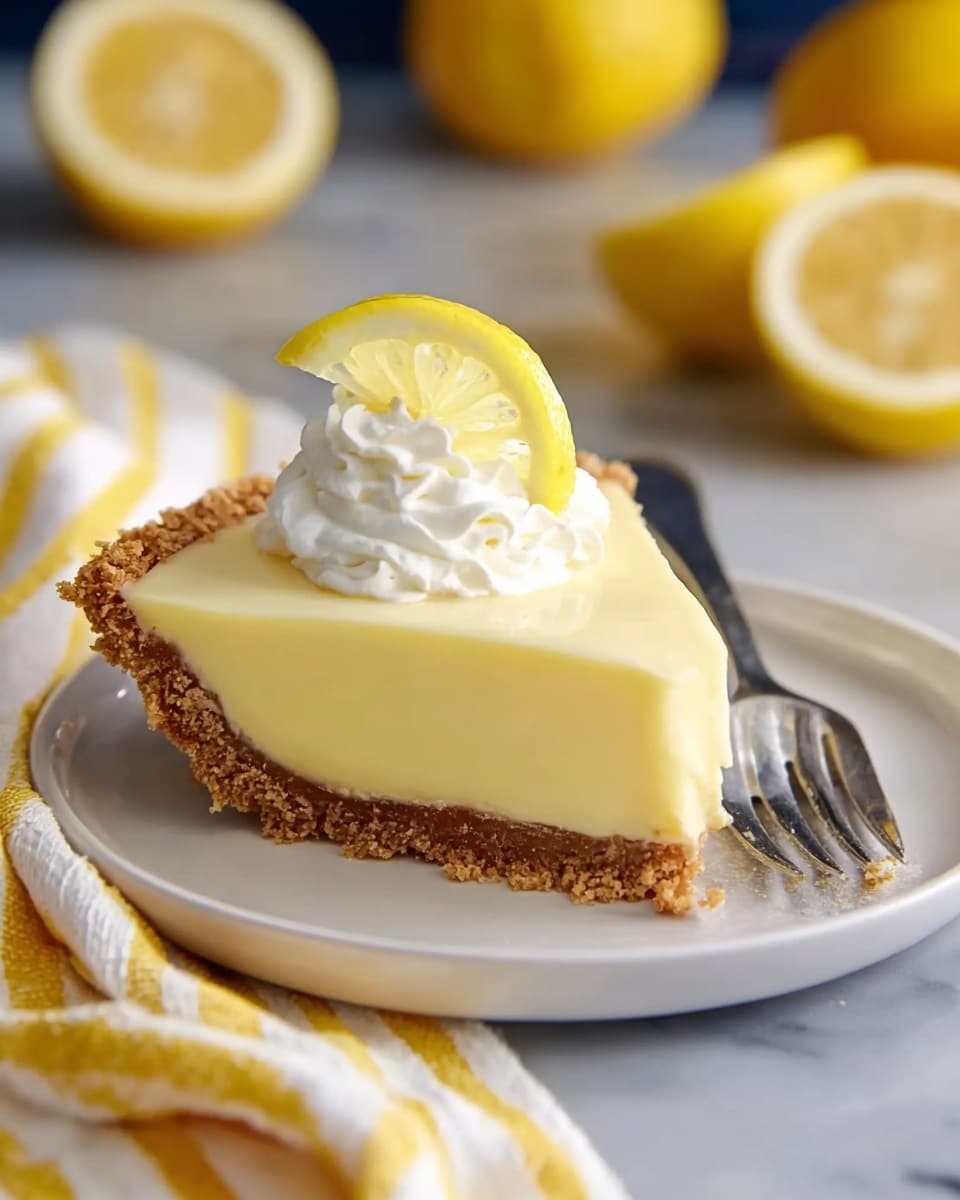 A slice of lemon pie with three distinct layers sits on a white plate: a bottom layer of crumbly, light brown crust, a thick middle layer of smooth, pale yellow filling, and a small swirl of white whipped cream on top, crowned with a fresh lemon wedge. A silver fork rests beside the pie on the plate. The scene is set on a white marbled surface with a yellow and white striped cloth nearby and some whole and sliced lemons softly blurred in the background. Photo taken with an iphone --ar 4:5 --v 7