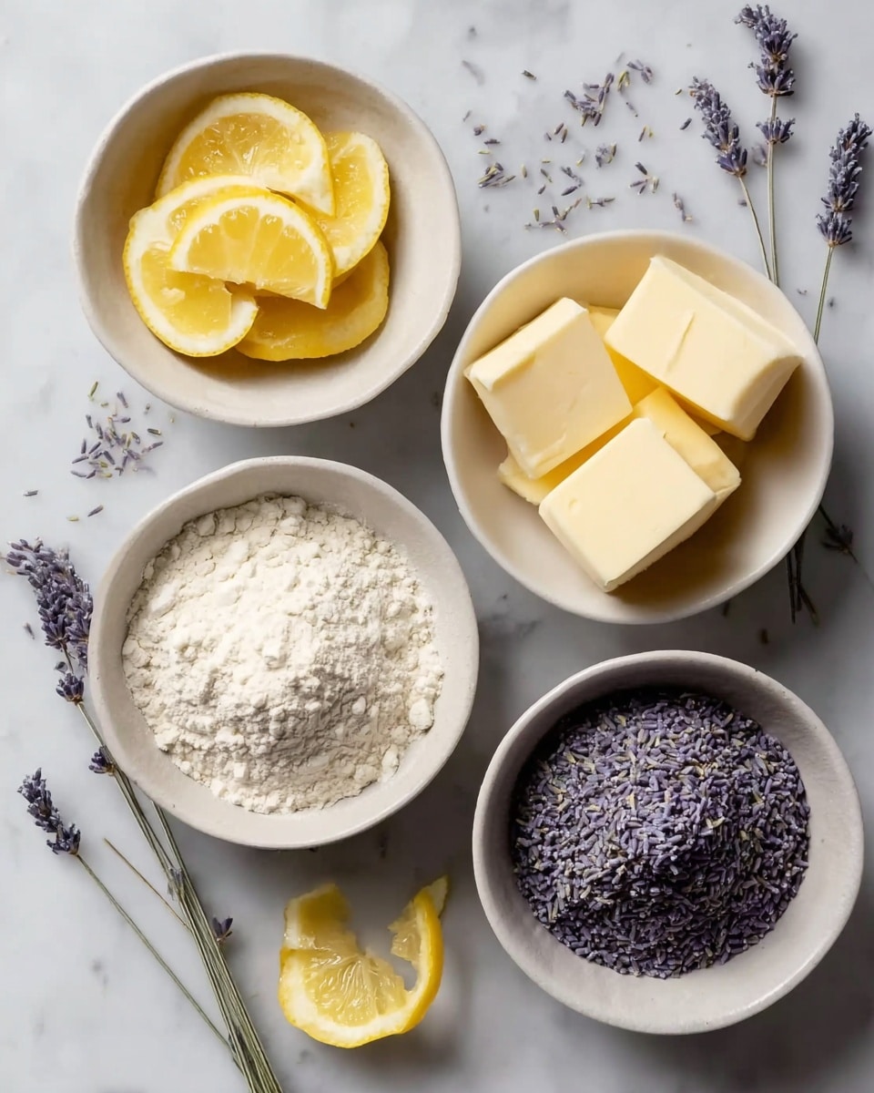 The image shows four white bowls on a white marbled surface. The top right bowl contains four pale yellow cubes of butter, smooth and soft in texture. The top left bowl holds several lemon wedges, yellow with a moist texture, stacked loosely. The bottom right bowl is filled with fine white flour, slightly heaped in the center. The bottom left bowl has a dense pile of small, dried lavender buds, purple in color with a rough, textured look. Around the bowls are a few sprigs of lavender and extra lemon pieces, including a small lemon curl. Photo taken with an iphone --ar 4:5 --v 7