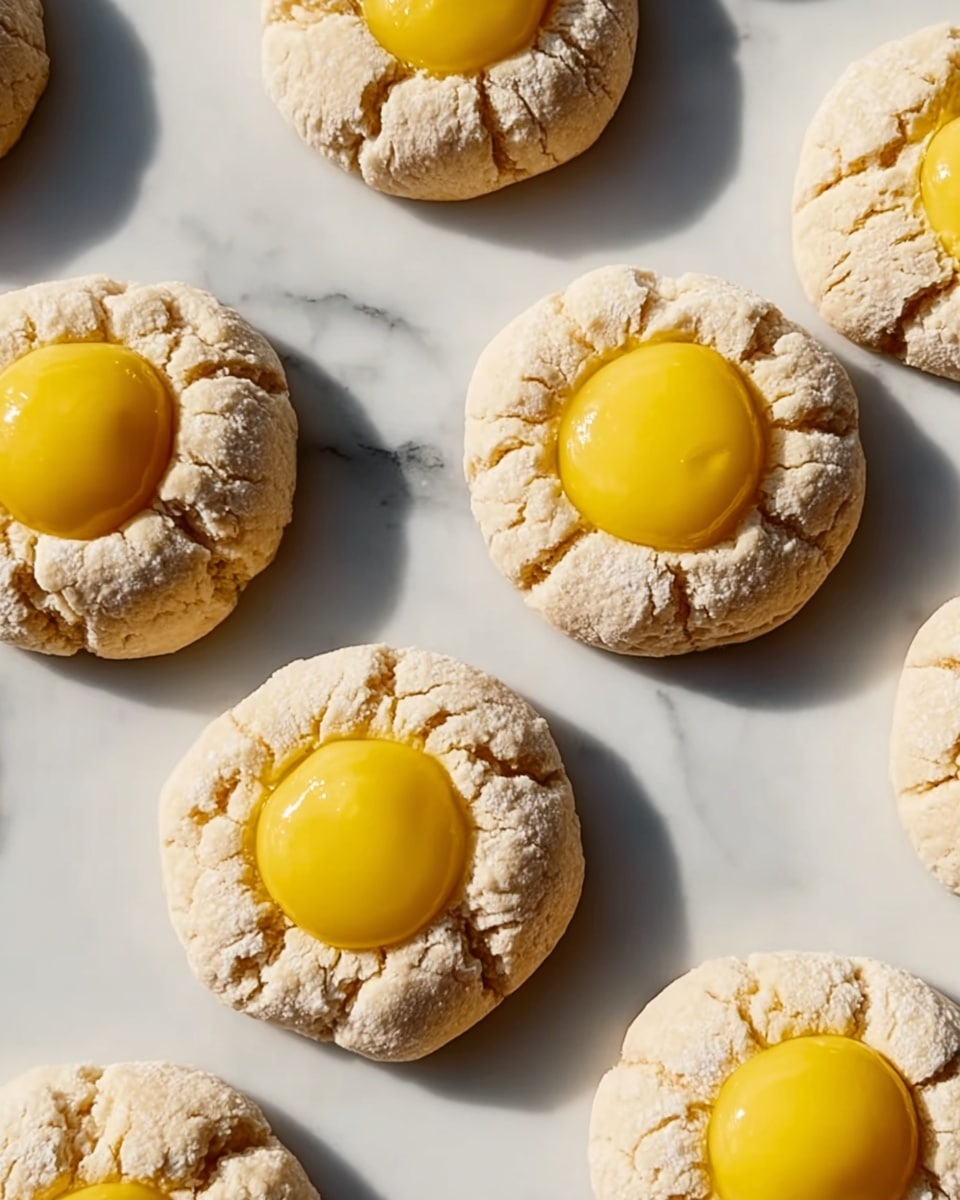 The image shows multiple round cookies arranged on a white marbled surface. Each cookie has two main layers: a pale beige outer dough layer with a cracked texture that looks slightly soft and crumbly, and a shiny, smooth, bright yellow dollop of filling in the center that sits slightly raised above the dough. The cookies are evenly spaced with soft shadows on the surface, highlighting their rounded shape and textured edges. photo taken with an iphone --ar 4:5 --v 7