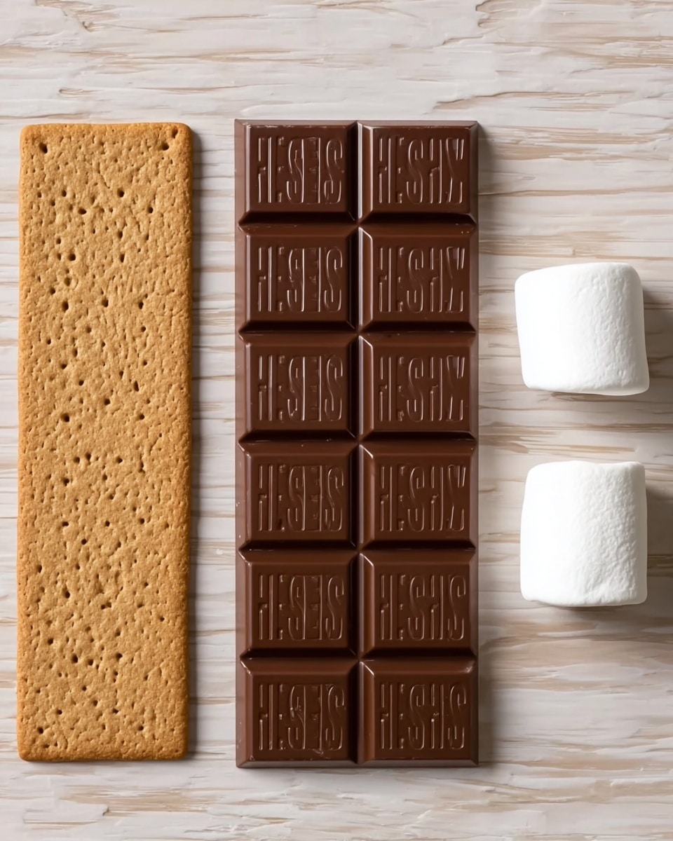The image shows three items placed side by side on a surface with a white marbled texture. On the left, there is a rectangular sheet of graham cracker with a light brown color and a rough texture with small holes. In the center, there is a large Hershey's chocolate bar, dark brown in color with the word