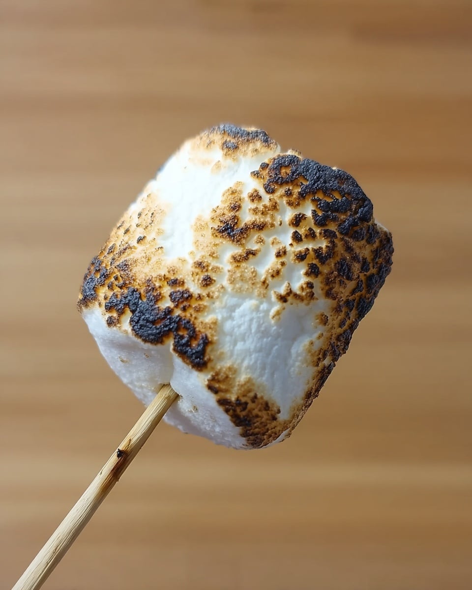 A large toasted marshmallow on a wooden stick is held in the center of the image. The marshmallow is white with golden brown and black burnt marks on the edges, showing a rough and uneven texture. The background is a smooth light brown wood surface. photo taken with an iphone --ar 4:5 --v 7