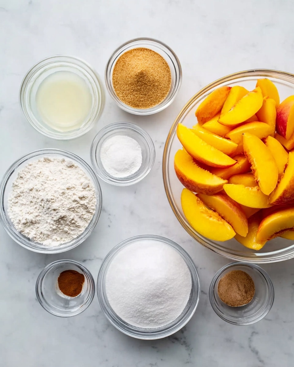 This image shows a white marbled surface with several small clear bowls arranged neatly. There is a large clear bowl on the right filled with bright orange and yellow sliced peaches. Smaller bowls around it contain dry and wet ingredients including light brown brown sugar, white flour, white granulated sugar, a pale liquid, white powder (likely baking powder or soda), white salt, and small amounts of cinnamon and nutmeg. Each bowl is transparent and allows the color and texture of the contents to be seen clearly. The setup looks clean and organized for baking. photo taken with an iphone --ar 4:5 --v 7