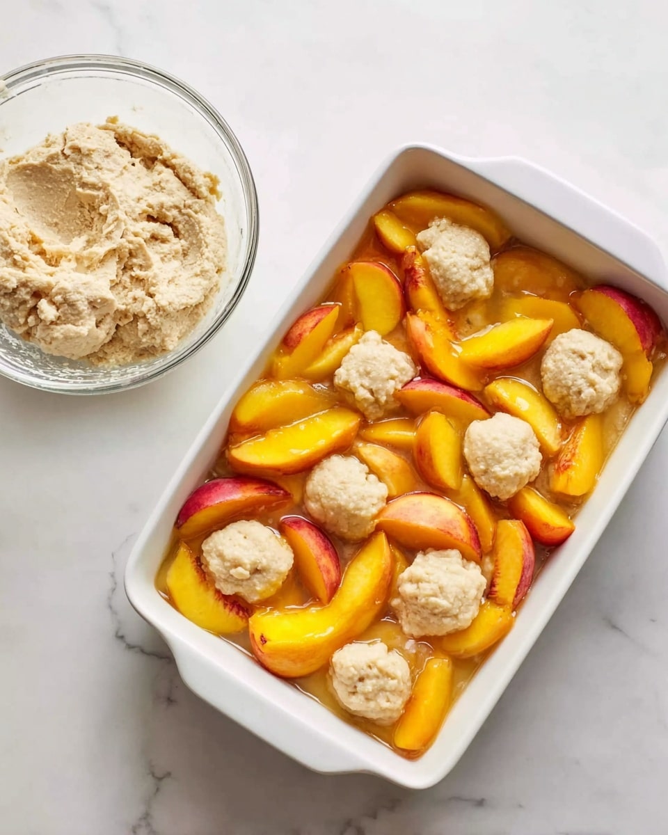 A white rectangular baking dish is filled with two layers: the bottom layer is bright orange and yellow peach slices arranged flat, and the top layer has light beige dollops of dough placed evenly on top of the peaches. To the left, there is a clear glass bowl with more beige dough inside, set on a white marbled surface. photo taken with an iphone --ar 4:5 --v 7