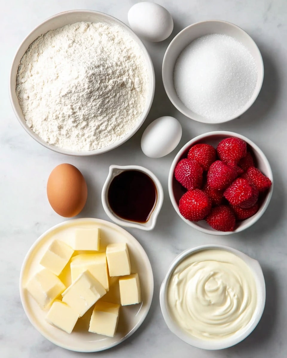 A white marbled surface holds seven white bowls and plates of different shapes and sizes, each filled with baking ingredients. The largest bowl at the top left is heaped with fine white flour. To its right, a smaller round bowl is filled with white granulated sugar, and below that, another bowl is filled with smooth, creamy white yogurt. On the bottom right, a white bowl contains a pile of red strawberries with visible textures and seeds. Below the flour bowl, a white plate holds yellow cubes of butter arranged in a slightly stacked pile. At the bottom left corner, an unpeeled brown egg sits next to a white ceramic container filled with dark brown vanilla extract. Beside it, there is a white egg. The overall scene is bright with soft shadows and clear details, photo taken with an iphone --ar 4:5 --v 7