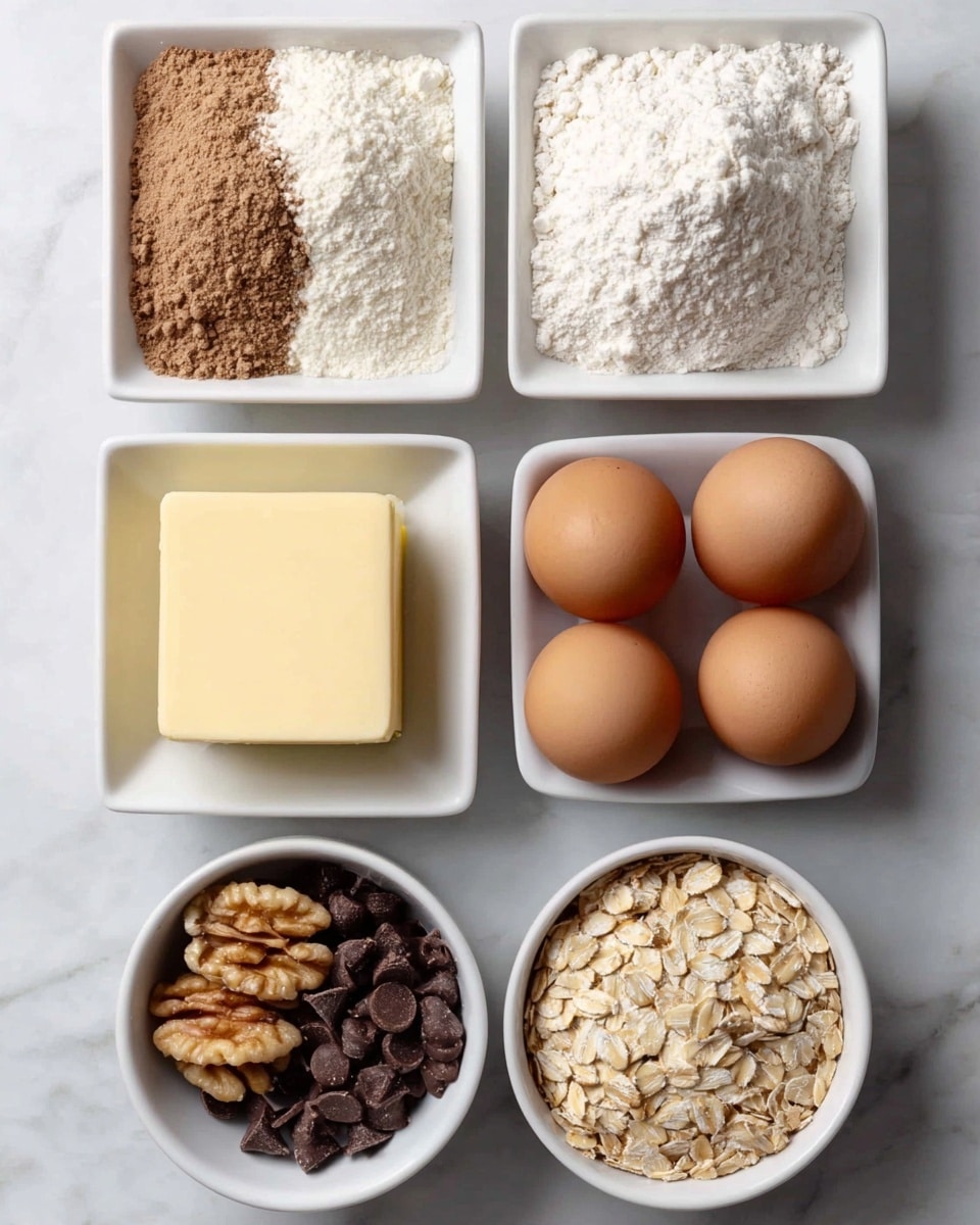 The image shows six white square and round bowls arranged neatly on a white marbled surface. In the top left bowl, there is a mix of light brown and white powders side by side. The top right bowl is filled with a pile of white flour. Below the bowl with powders, a solid light yellow block of butter sits in the bowl. Next to it, three brown eggs rest in another white bowl. On the bottom left, a bowl contains half walnuts with light brown shells and half small dark brown chocolate chips. The last bowl on the bottom right is filled with light beige rolled oats. photo taken with an iphone --ar 4:5 --v 7